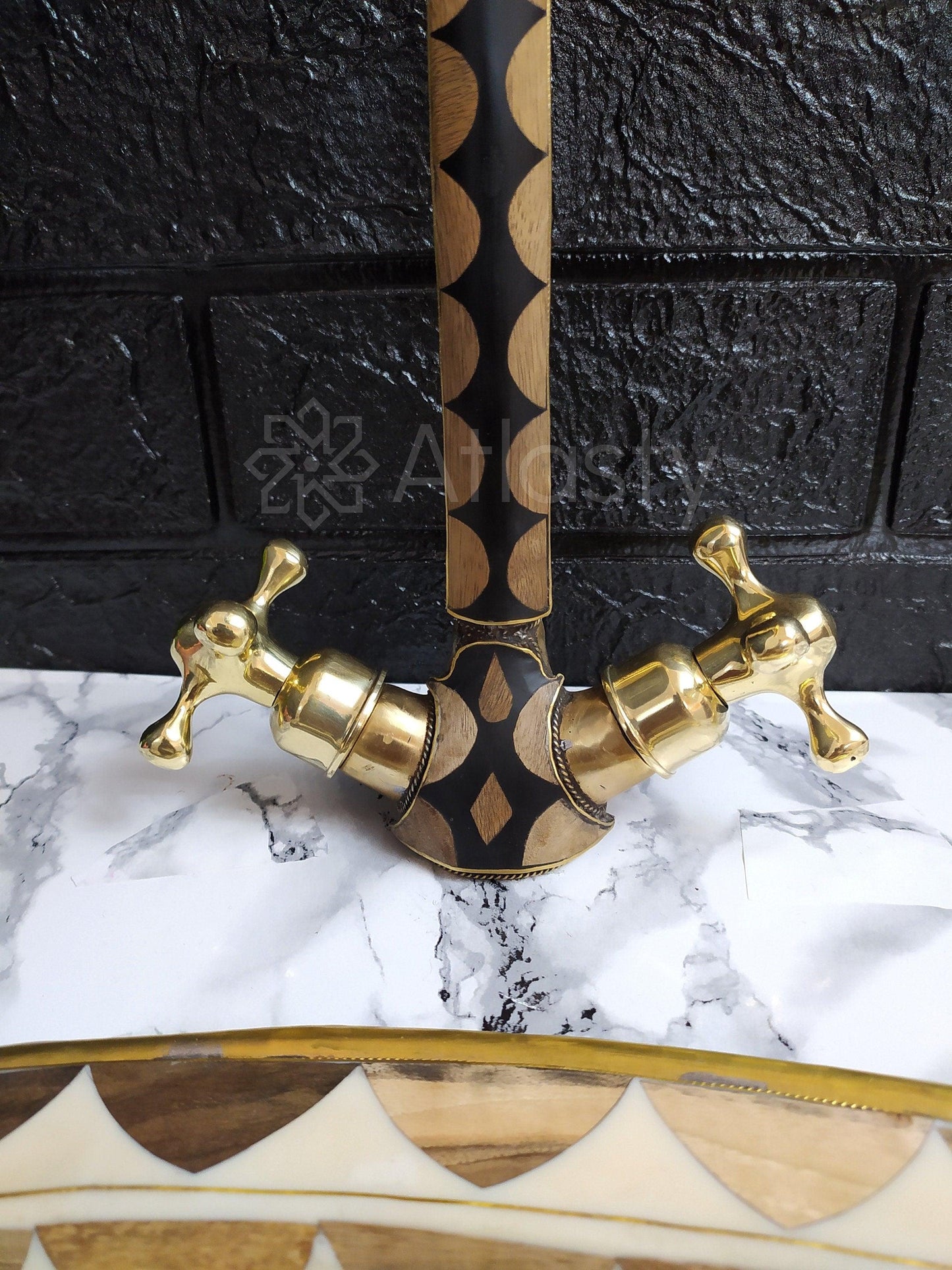 Unlacquered Brass And Resin Bathroom Faucet, Handcrafted, Black and Brown Pattern