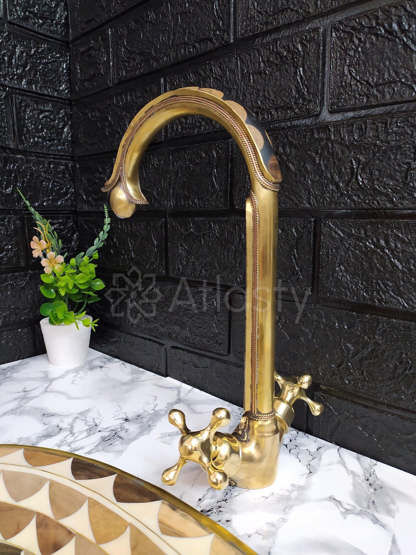 Unlacquered Brass And Resin Bathroom Faucet, Handcrafted, Black and Brown Pattern