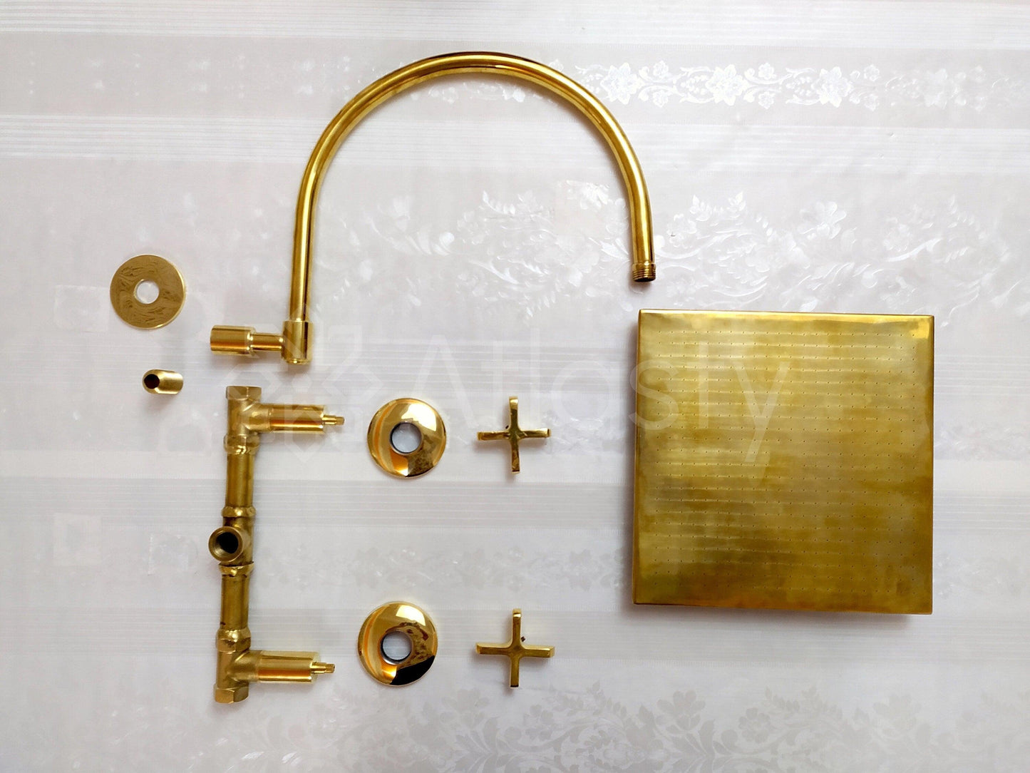 Antique Brass Shower System with Square Shower Head, and 2 Handles - Ref: ATLASS28