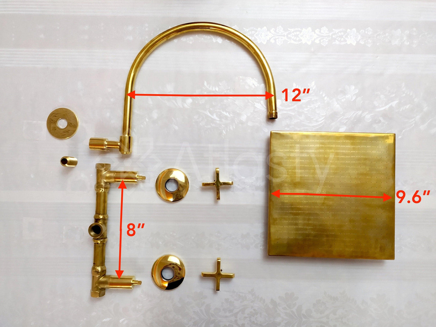 Antique Brass Shower System with Square Shower Head, and 2 Handles - Ref: ATLASS28