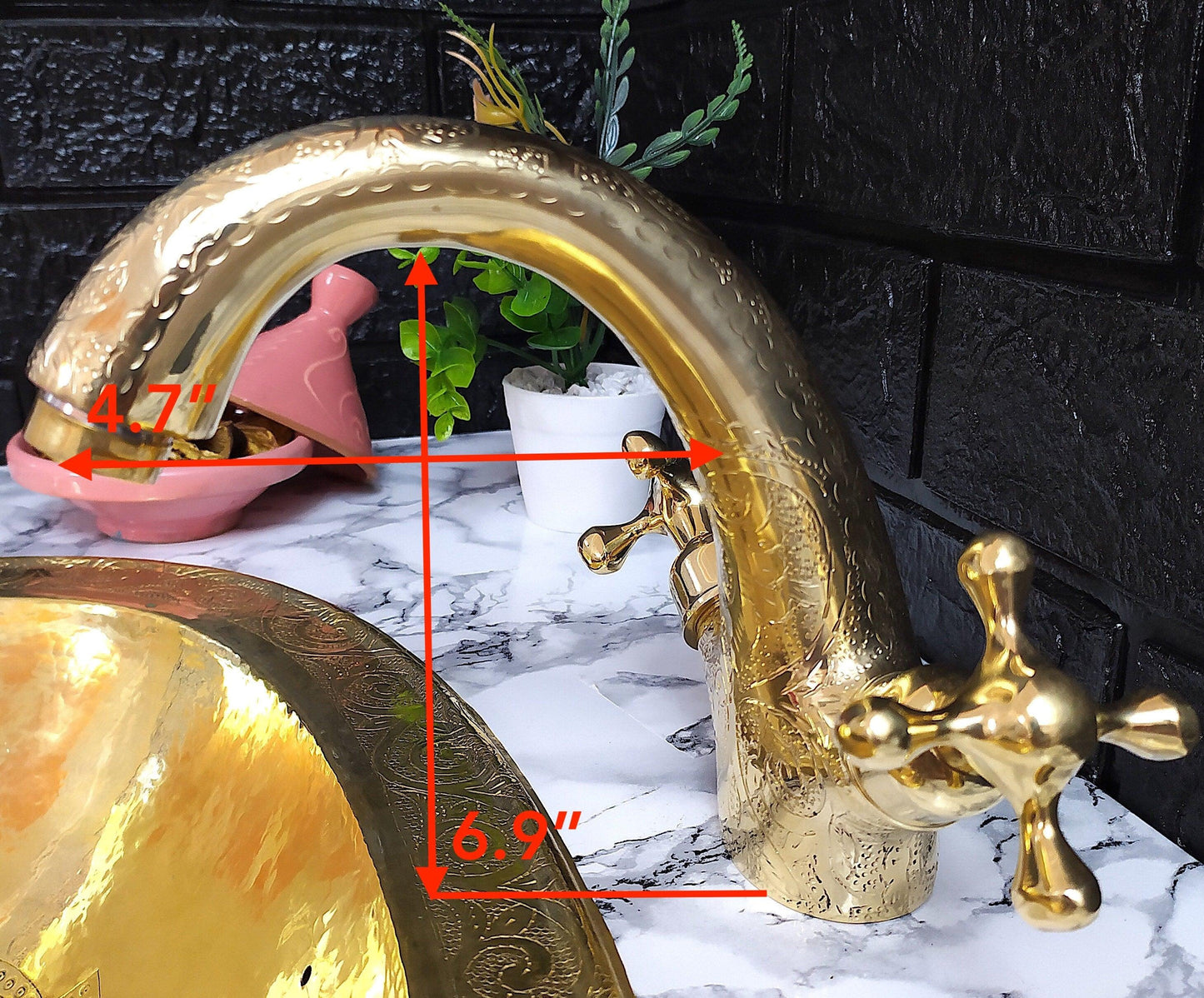 Engraved Brass Faucet with Cross Handles, Unlacquered Brass, Bathroom Faucet, Kitchen Faucet