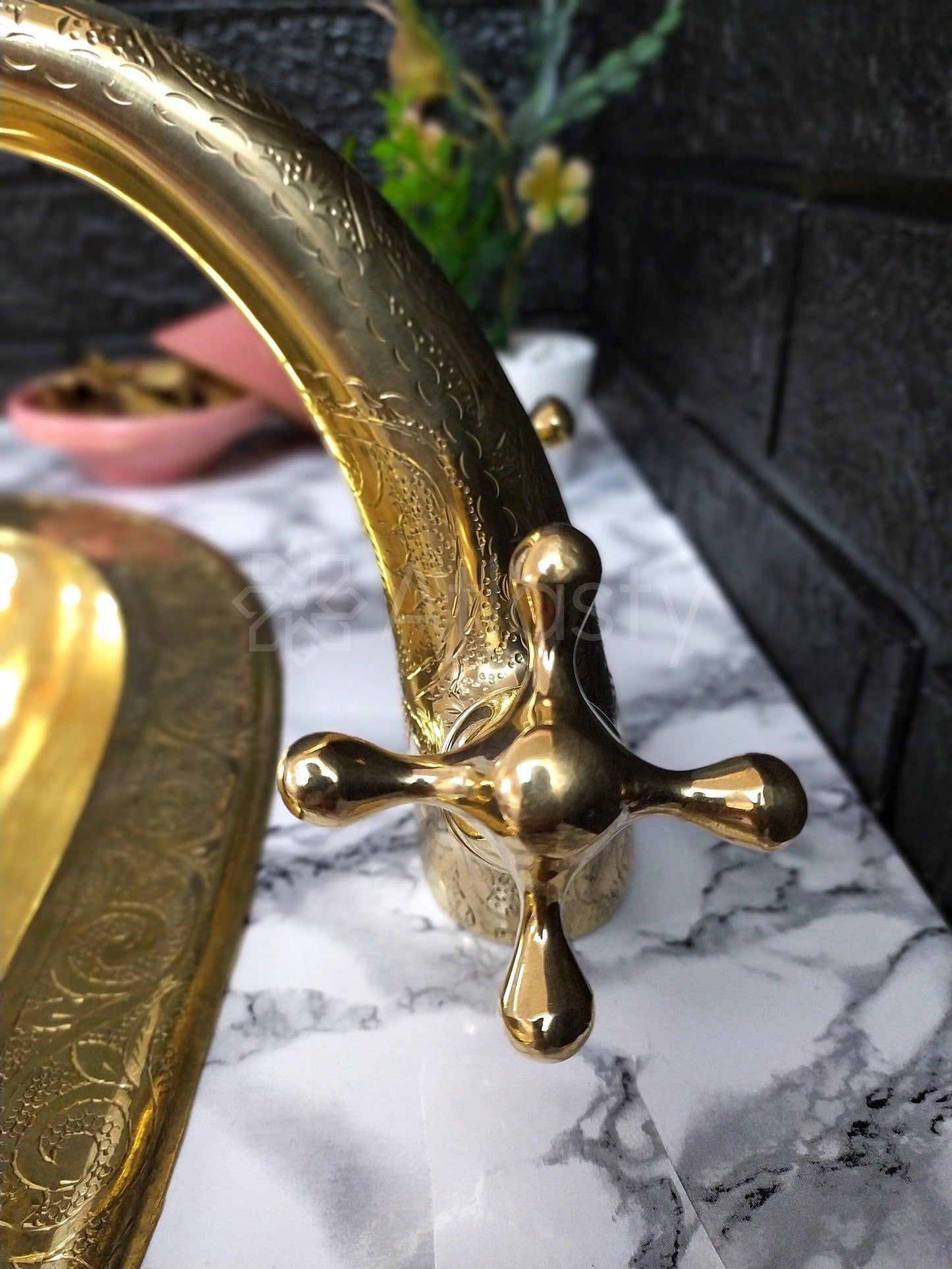 Engraved Brass Faucet with Cross Handles, Unlacquered Brass, Bathroom Faucet, Kitchen Faucet