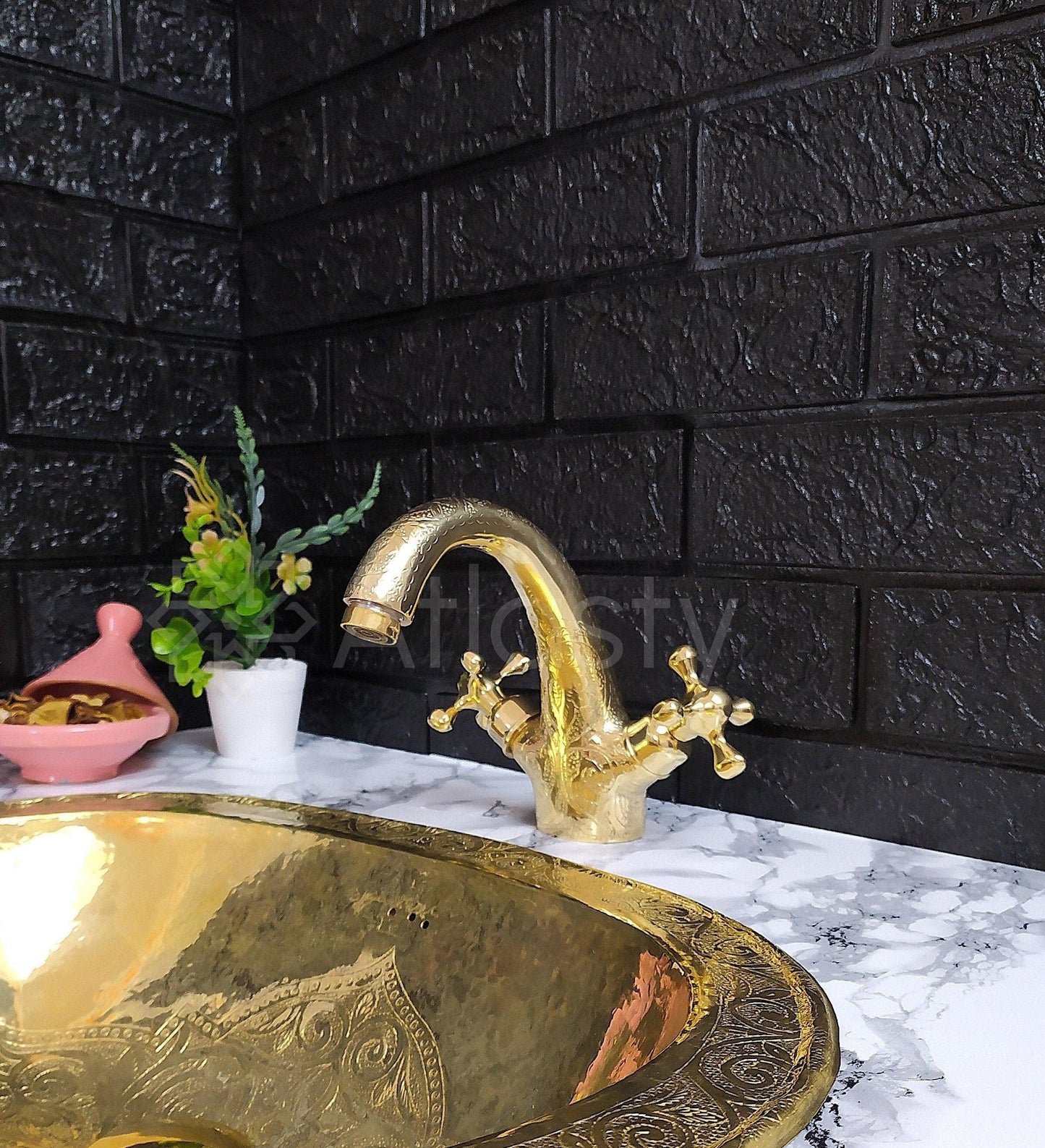 Engraved Brass Faucet with Cross Handles, Unlacquered Brass, Bathroom Faucet, Kitchen Faucet