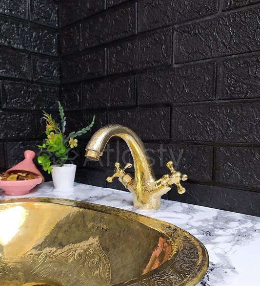 Engraved Brass Faucet with Cross Handles, Unlacquered Brass, Bathroom Faucet, Kitchen Faucet