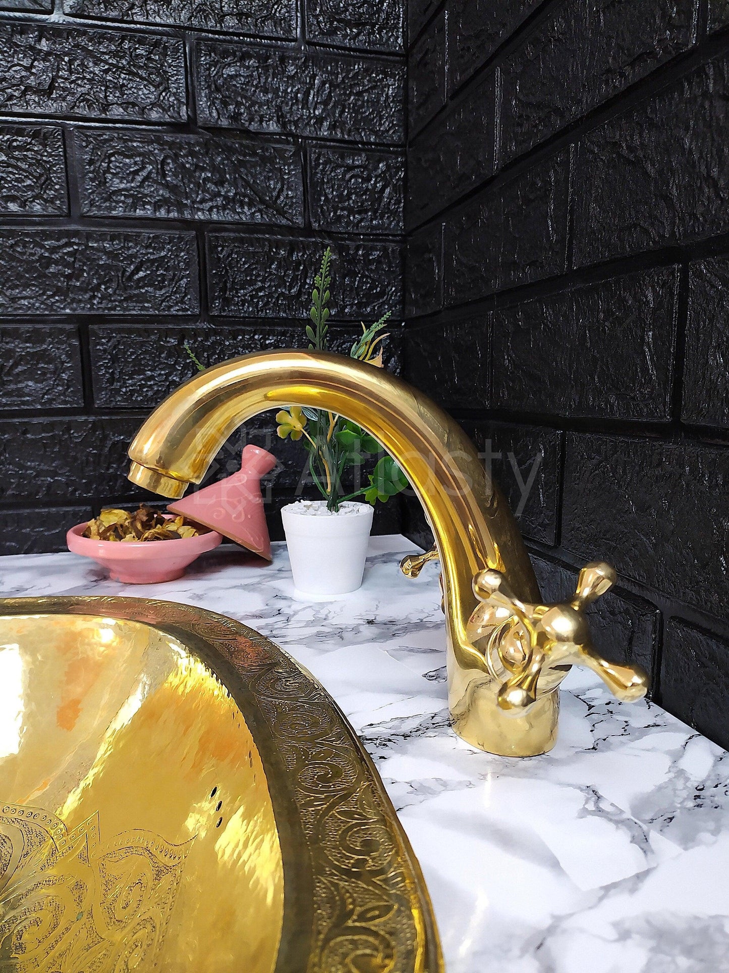 Smooth Brass Faucet with Cross Handles, Unlacquered Brass, Bathroom Faucet, Kitchen Faucet