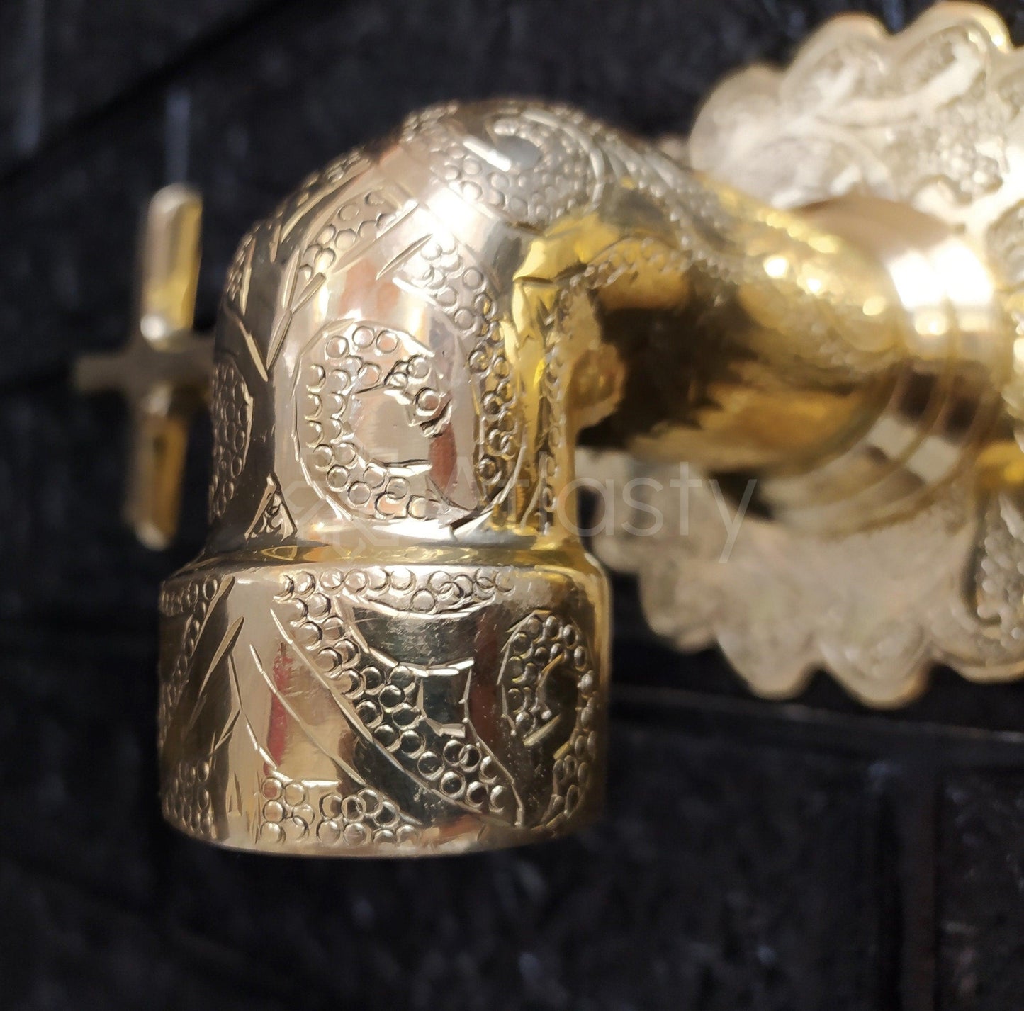 Unlacquered Brass Wall Mounted Bathroom Vessel Sink Faucet With Cross Handles, Engraved Antique Brass Faucet