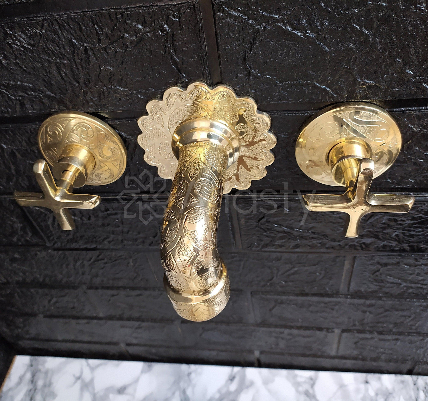 Unlacquered Brass Wall Mounted Bathroom Vessel Sink Faucet With Cross Handles, Engraved Antique Brass Faucet