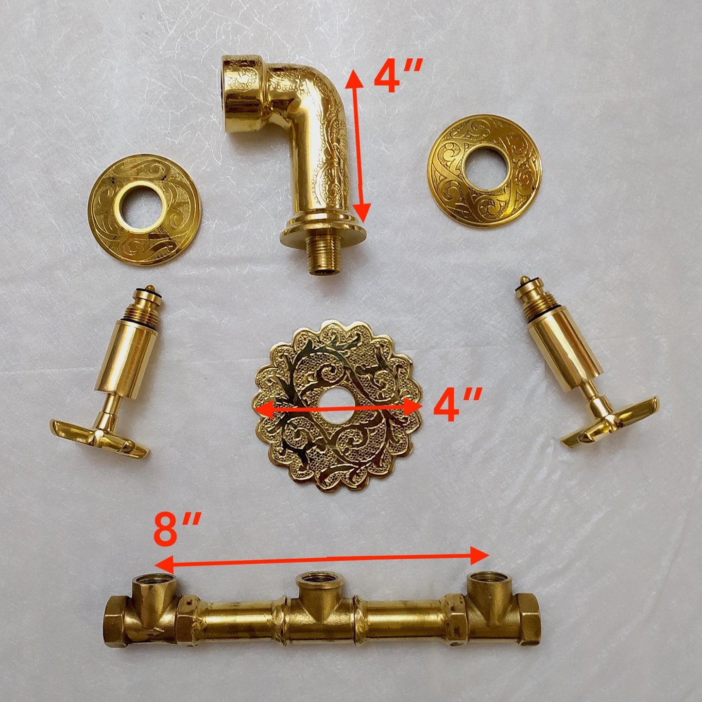 Unlacquered Brass Wall Mounted Bathroom Vessel Sink Faucet With Cross Handles, Engraved Antique Brass Faucet