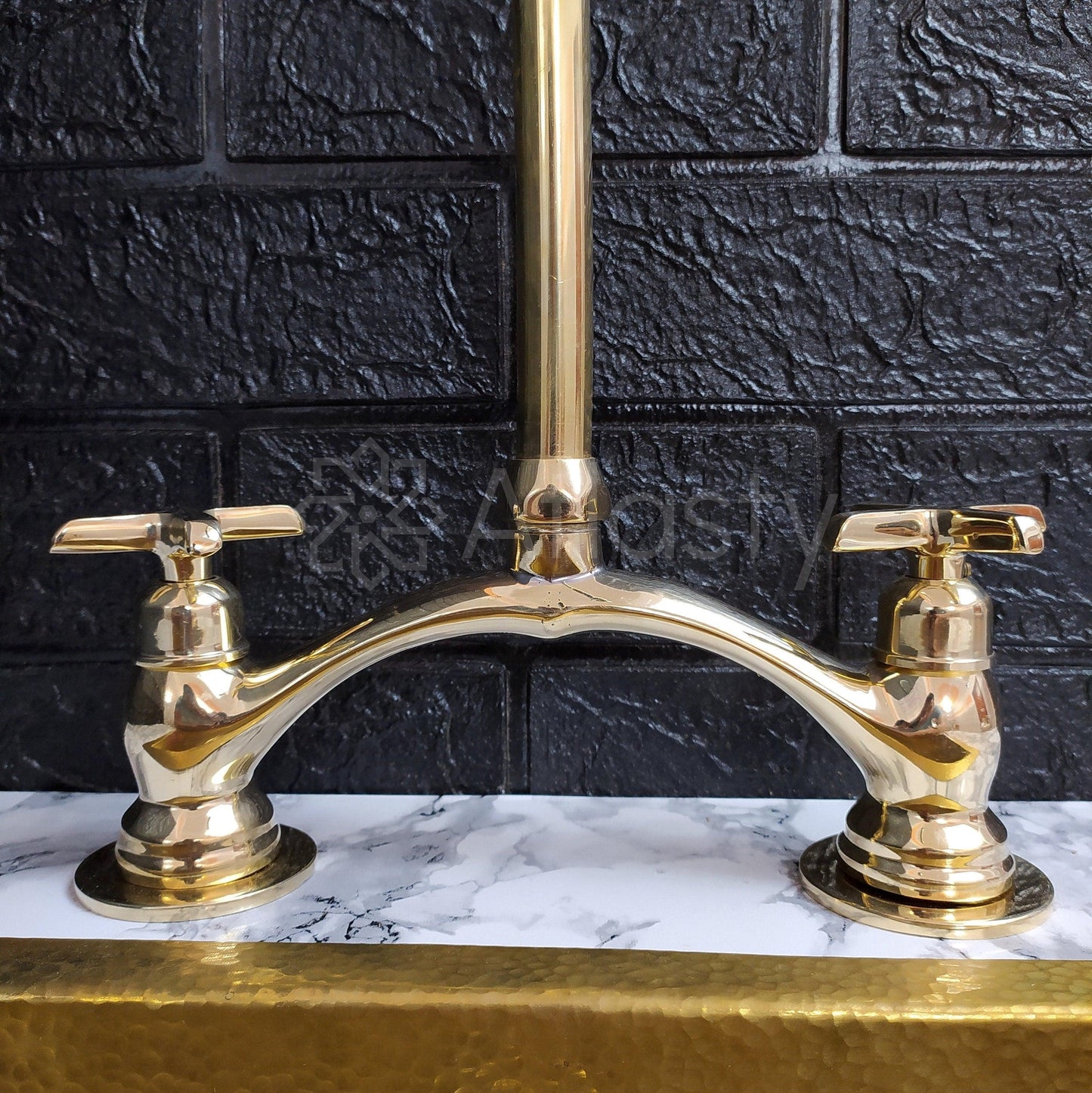 Unlacquered Brass Bridge Kitchen Faucet with Sprayer, Cold Water Tap, and Cross Handles - Ref: APC-85