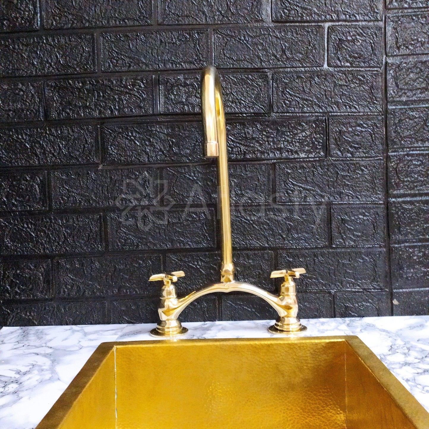 Unlacquered Brass Bridge Kitchen Faucet with Sprayer, Cold Water Tap, and Cross Handles - Ref: APC-85