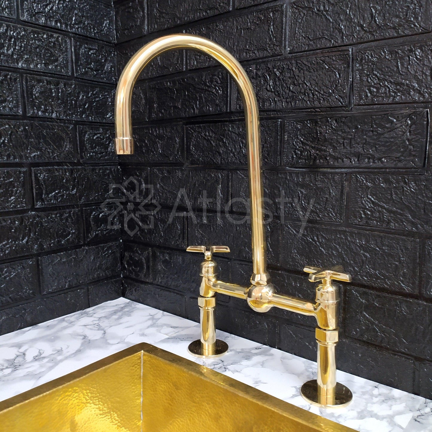 Unlacquered Brass Bridge Kitchen Faucet With Cross Handles- Ref: APC-82