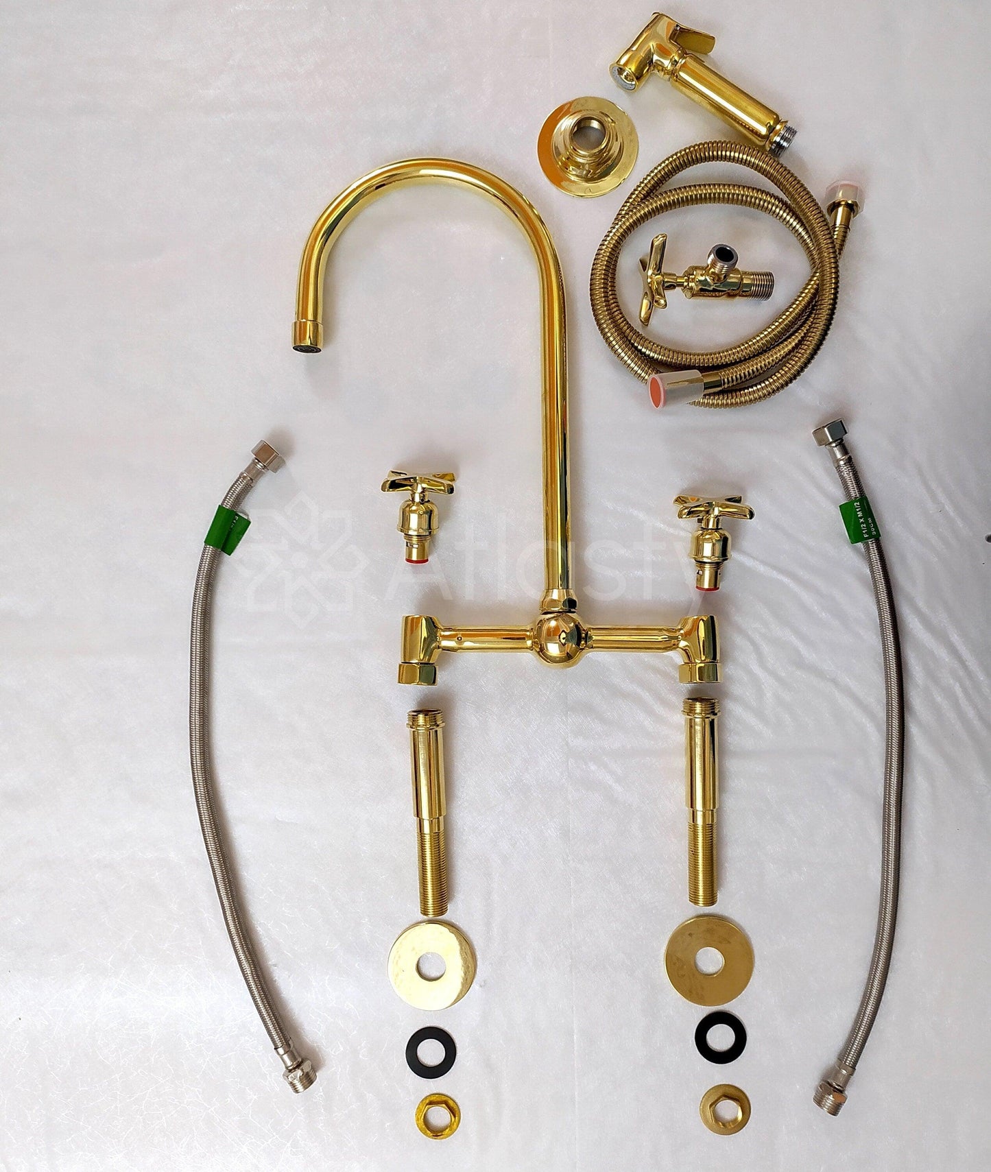 Unlacquered Brass Bridge Kitchen Faucet With Cross Handles- Ref: APC-82