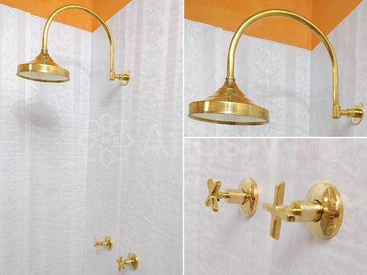Antique Brass Shower System with Round Shower Head, and 2 Handles - Ref: ATLASS30