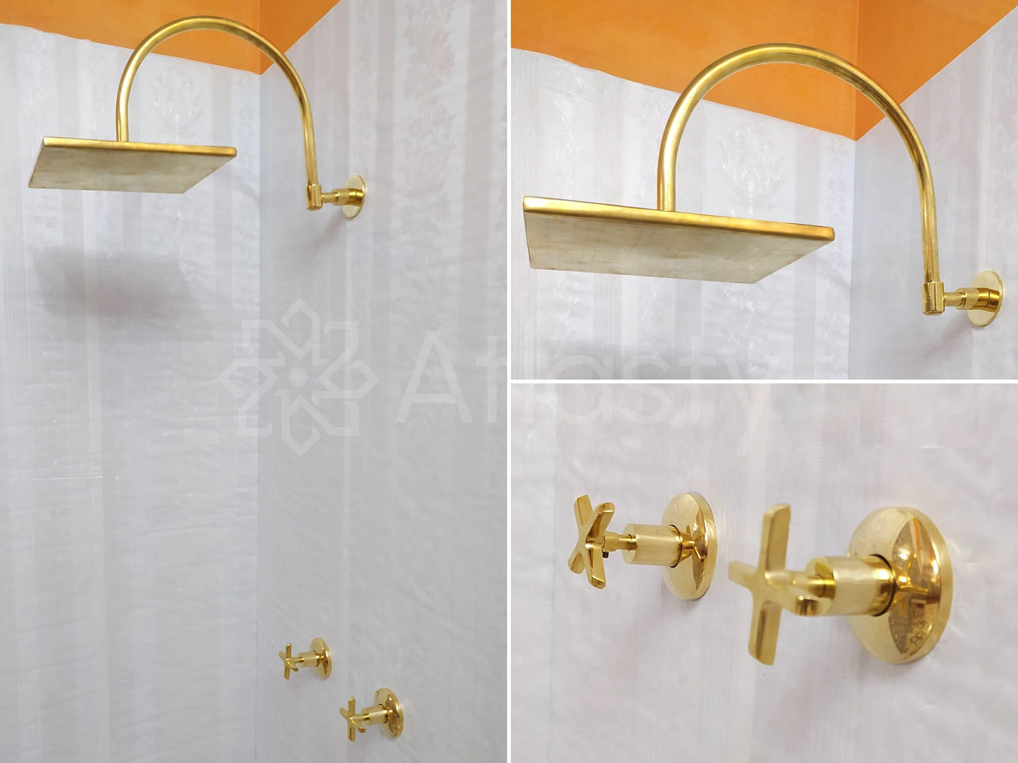 Antique Brass Shower System with Square Shower Head, and 2 Handles - Ref: ATLASS28