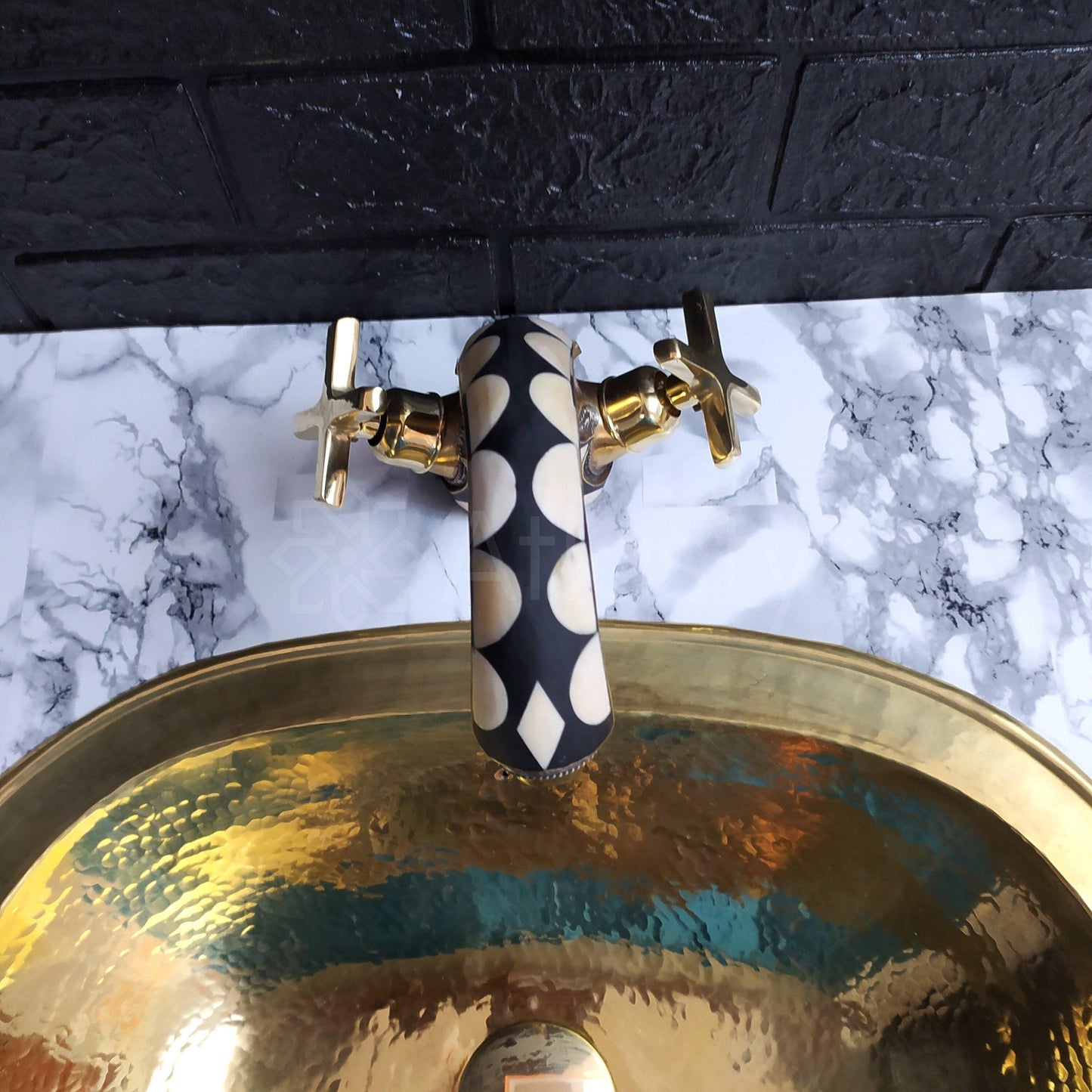 Unlacquered Brass and Resin Bathroom Faucet with Cross Handles