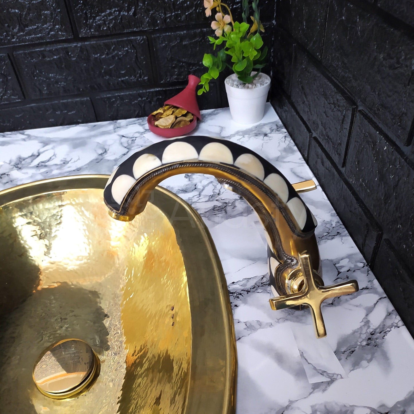 Unlacquered Brass and Resin Bathroom Faucet with Cross Handles