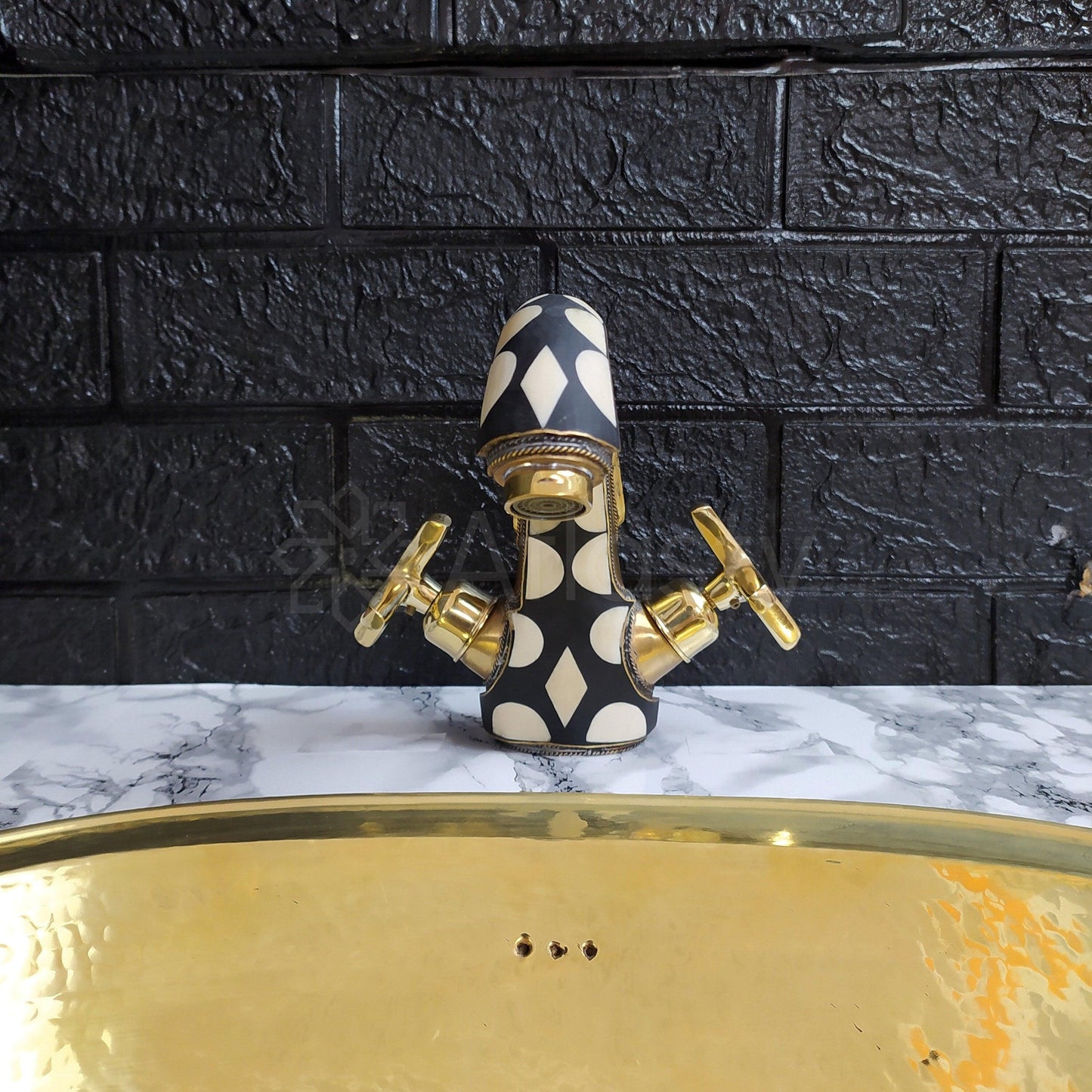 Unlacquered Brass and Resin Bathroom Faucet with Cross Handles