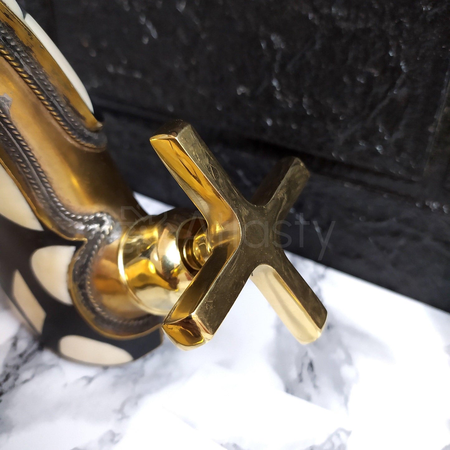 Unlacquered Brass and Resin Bathroom Faucet with Cross Handles