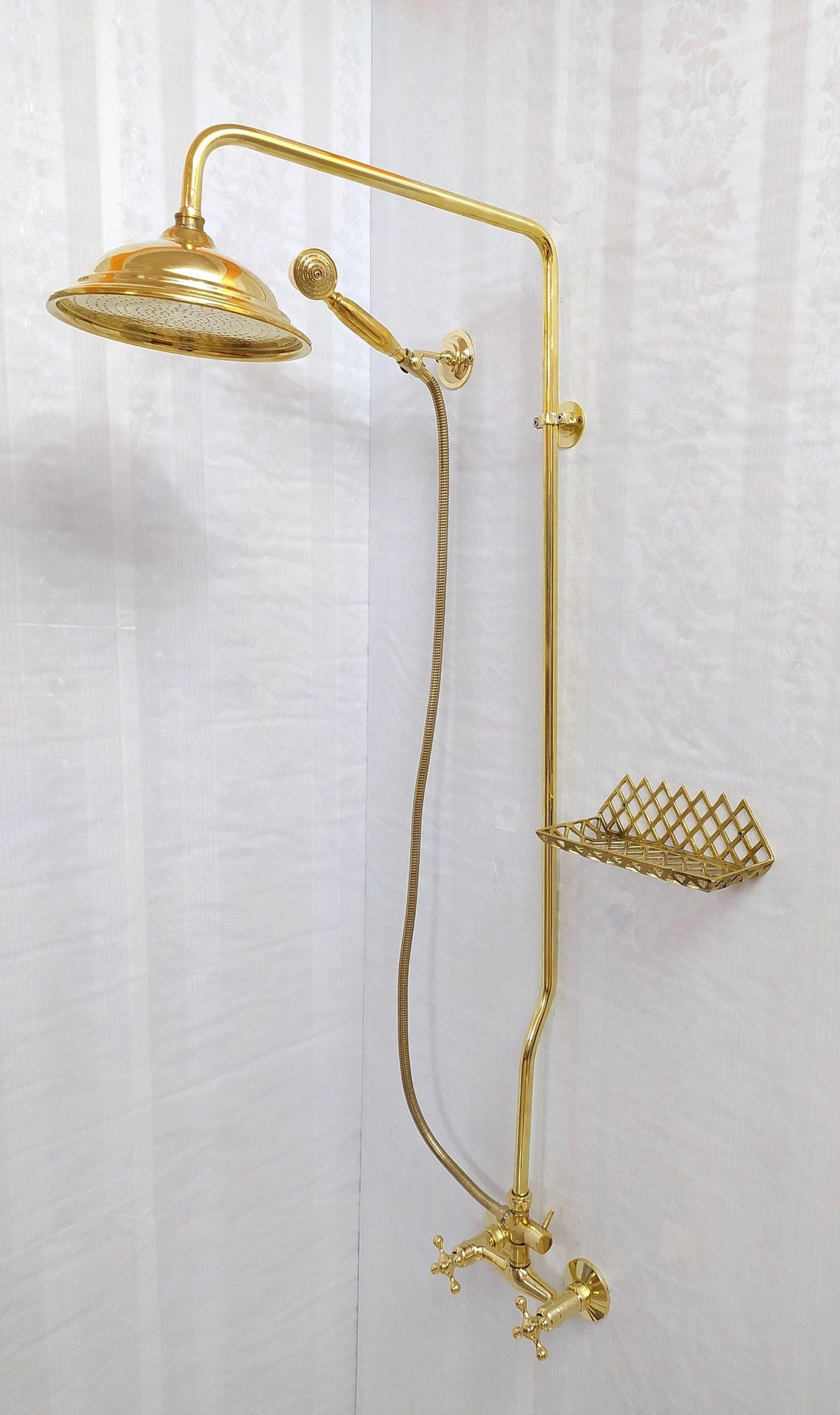 Système de douche en laiton antique avec pomme de douche ronde, douche à main et 3 poignées - Réf : ATLASS26