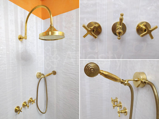 Antique Brass Shower System with Shower Head, Handheld Shower, and 3 Handles - Ref: ATLASS18