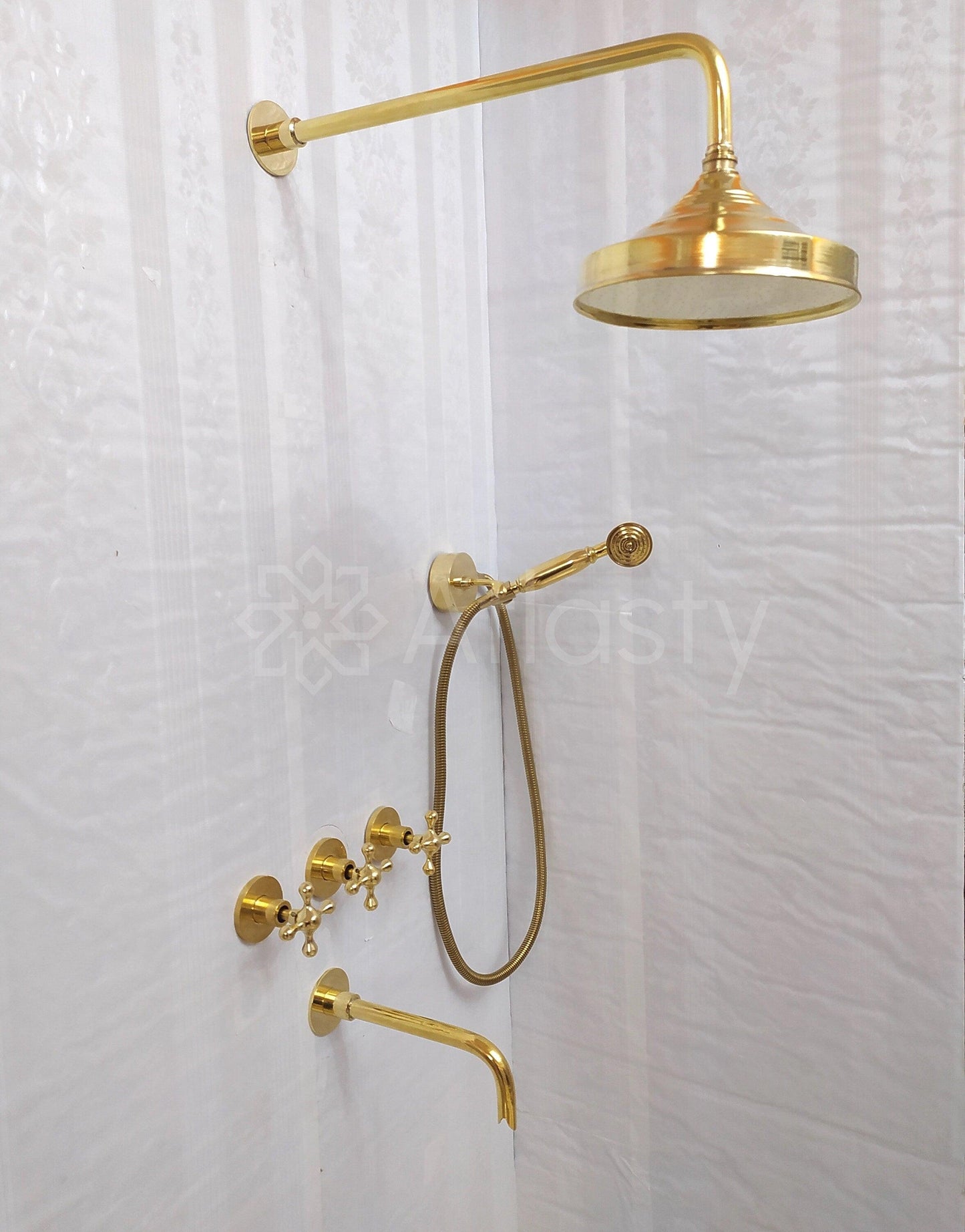 Antique Brass Shower System with Round Shower Head, Bath Faucet, Handheld Shower, and 3 Handles - Ref: ATLASS15