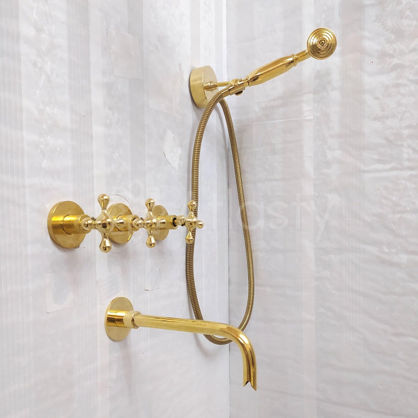Antique Brass Shower System with Round Shower Head, Bath Faucet, Handheld Shower, and 3 Handles - Ref: ATLASS15