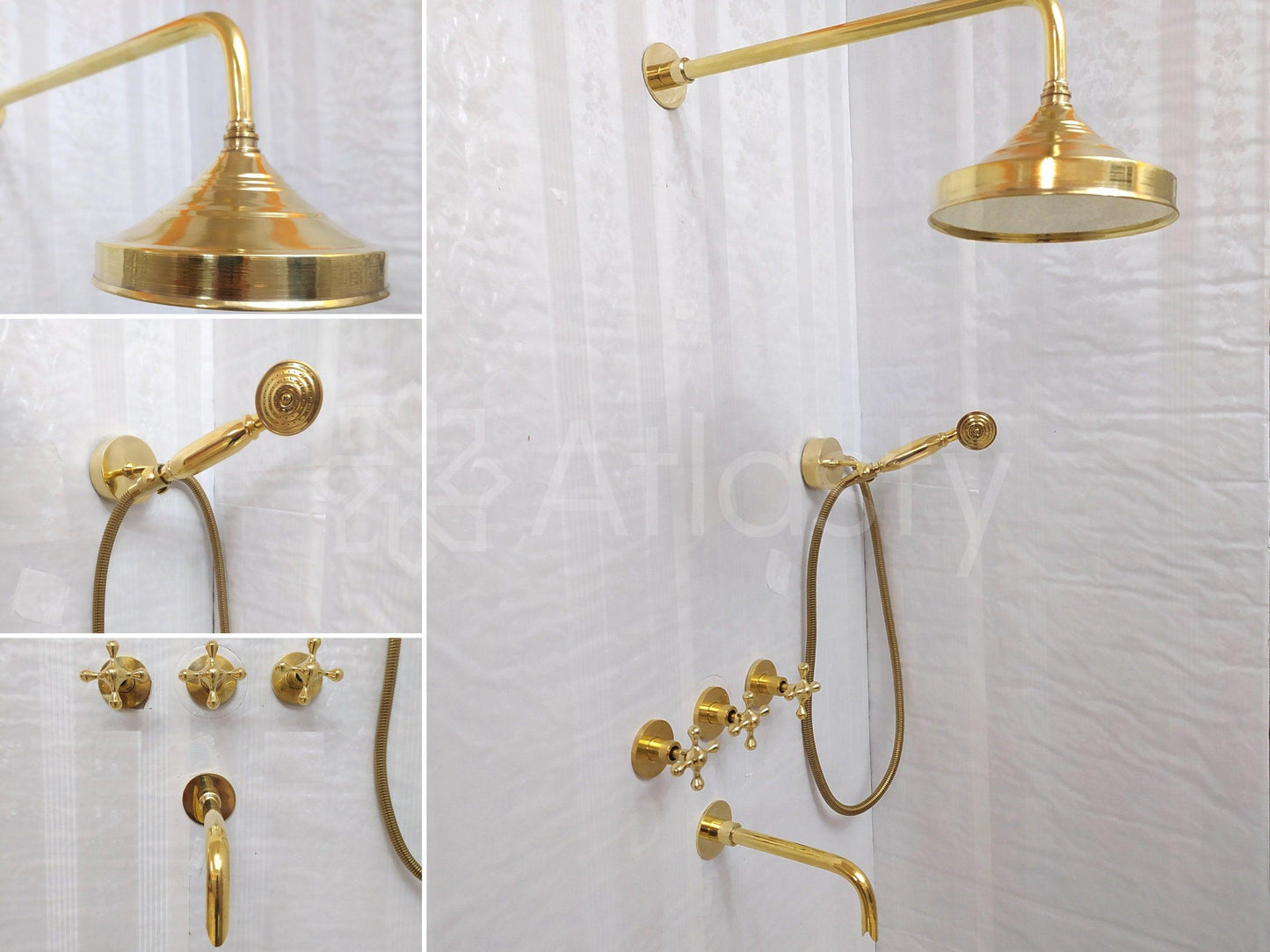 Antique Brass Shower System with Round Shower Head, Bath Faucet, Handheld Shower, and 3 Handles - Ref: ATLASS15