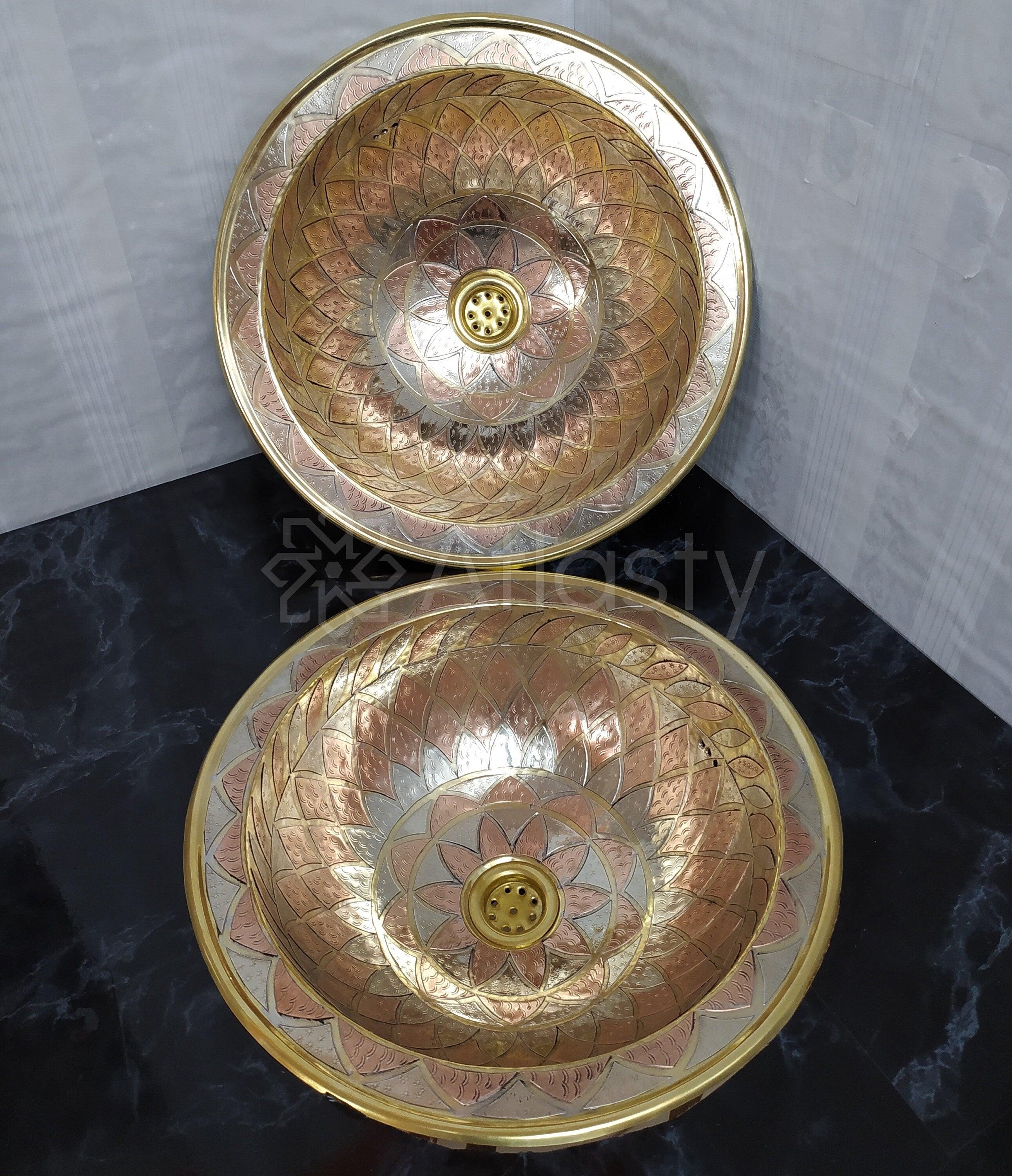 Engraved Round Brass Sink, Vintage Hammered Drop-in Sink for Bathrooms
