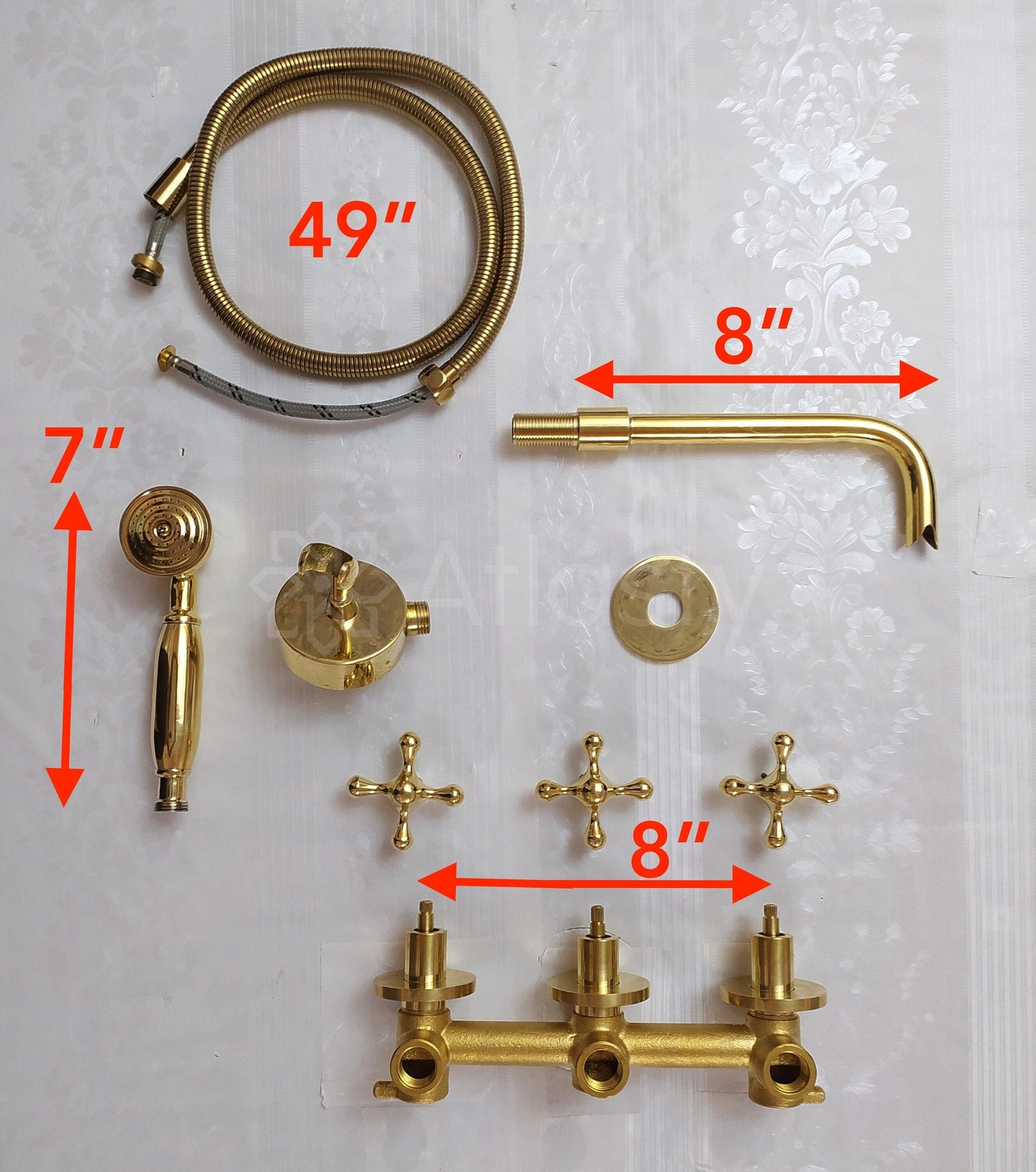 Antique Brass Shower System with Bath Faucet, Handheld Shower, and 3 Handles - Ref: ATLASS23