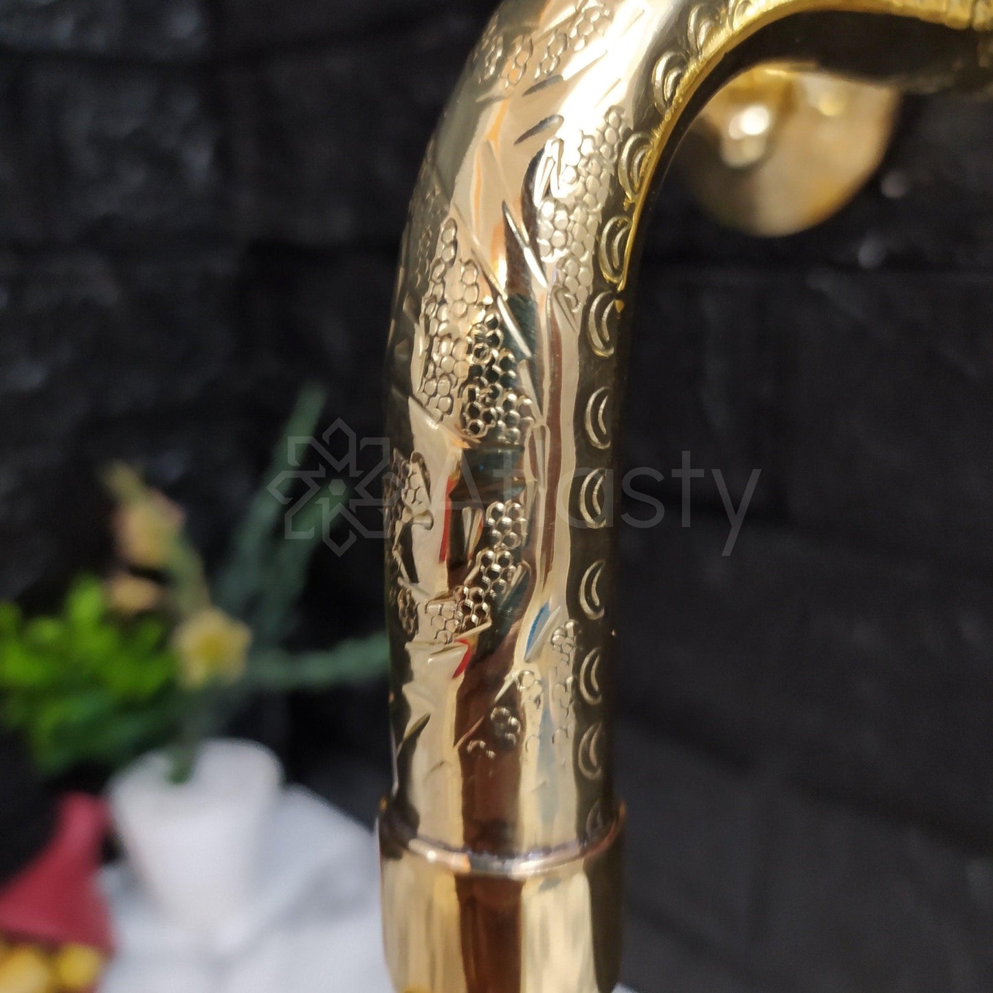Engraved Unlacquered Brass Wall Mounted Bathroom Faucet - Vessel Sink Faucet with Cross or Lever Handles