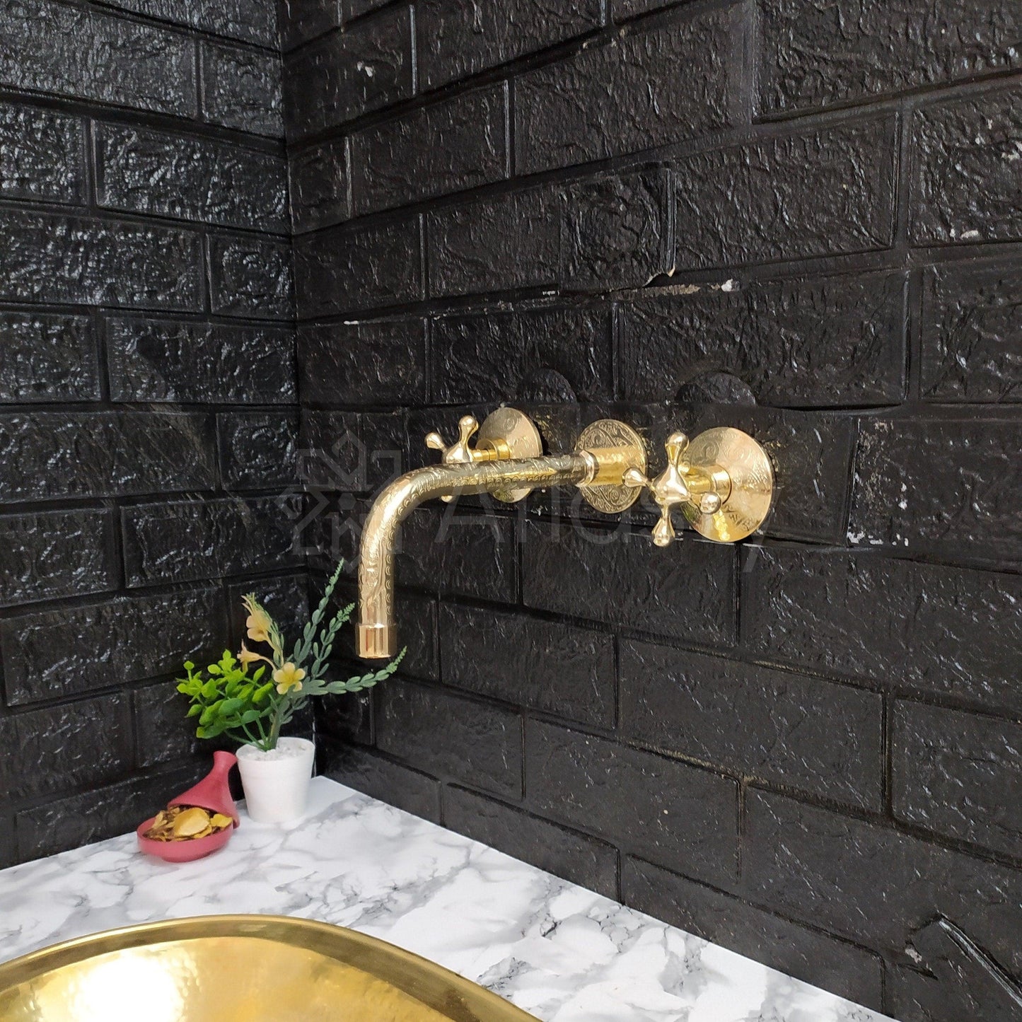 Engraved Unlacquered Brass Wall Mounted Bathroom Faucet - Vessel Sink Faucet with Cross or Lever Handles