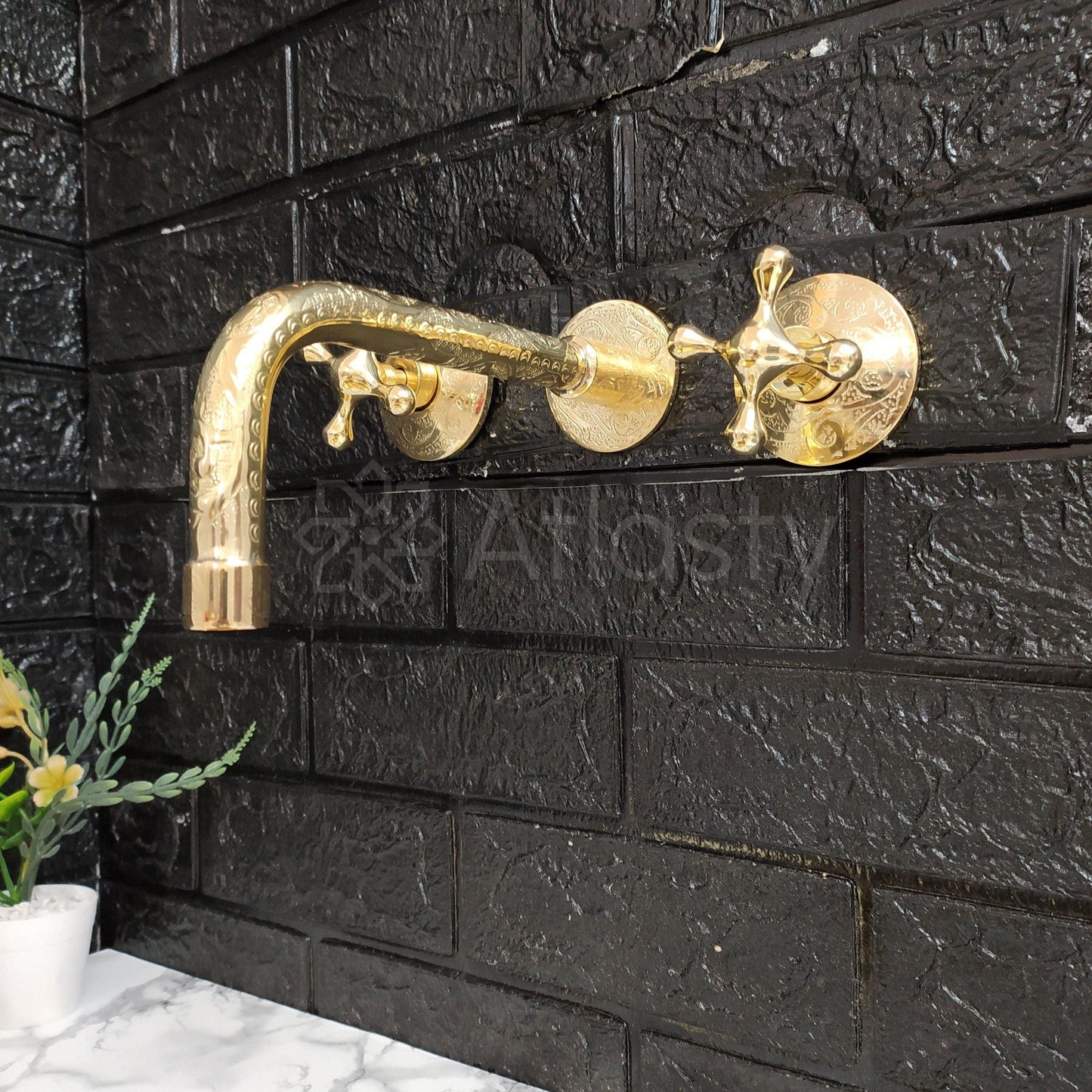 Engraved Unlacquered Brass Wall Mounted Bathroom Faucet - Vessel Sink Faucet with Cross or Lever Handles