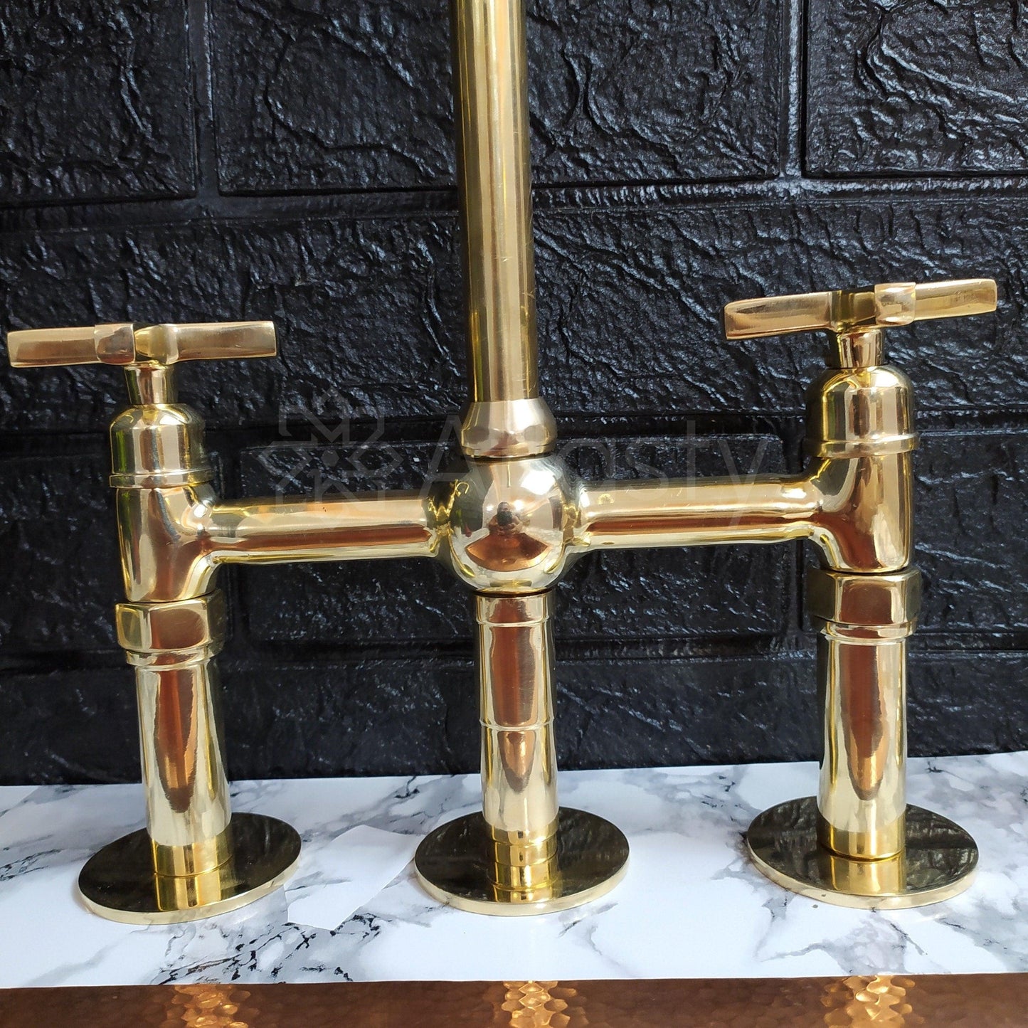 Unlacquered Brass Bridge Kitchen Faucet with Ball Center, 3 Straight Legs, And Cross Handles - 8" Spread - Ref: APC-94