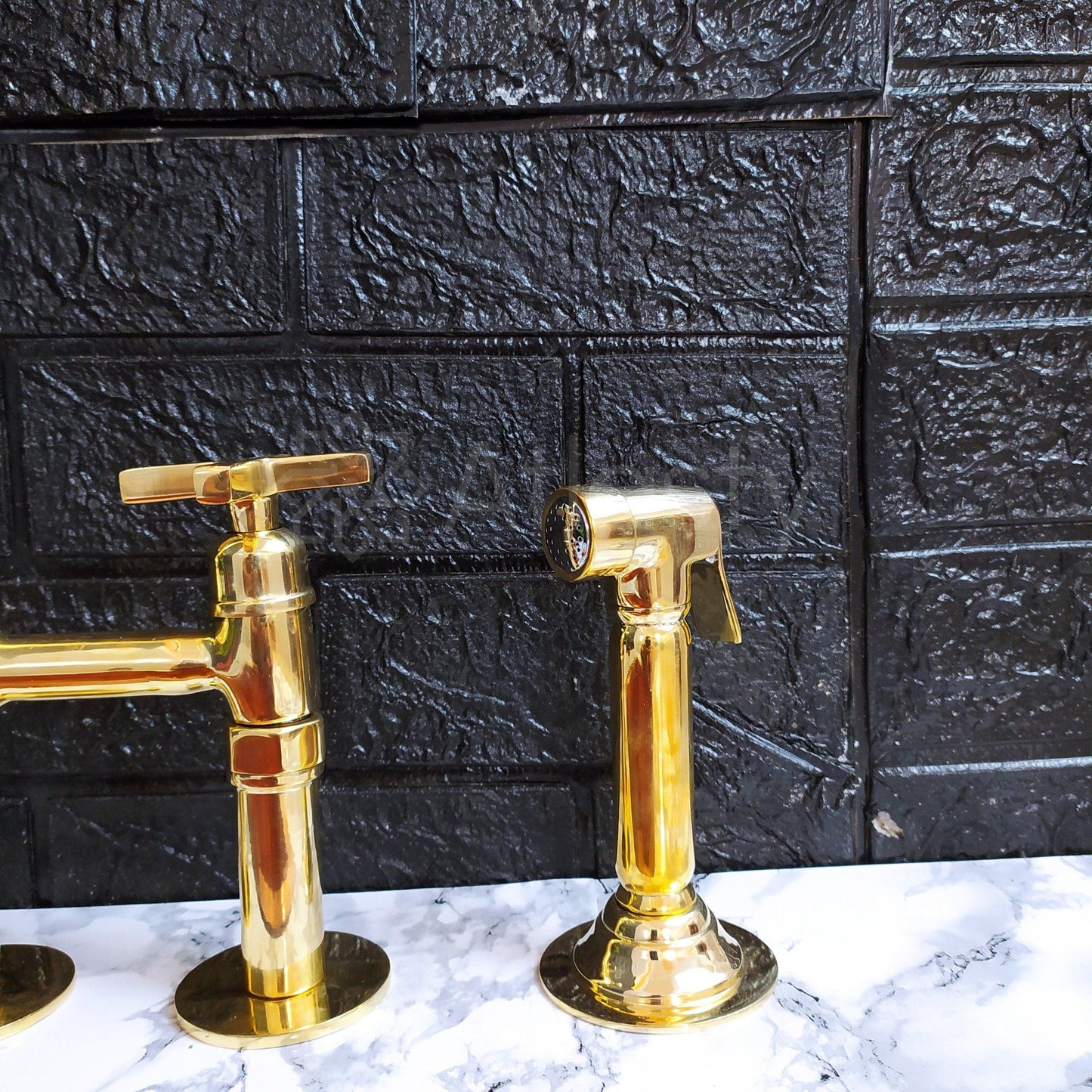 Unlacquered Brass Bridge Kitchen Faucet with Ball Center, 3 Straight Legs, And Cross Handles - 8" Spread - Ref: APC-94