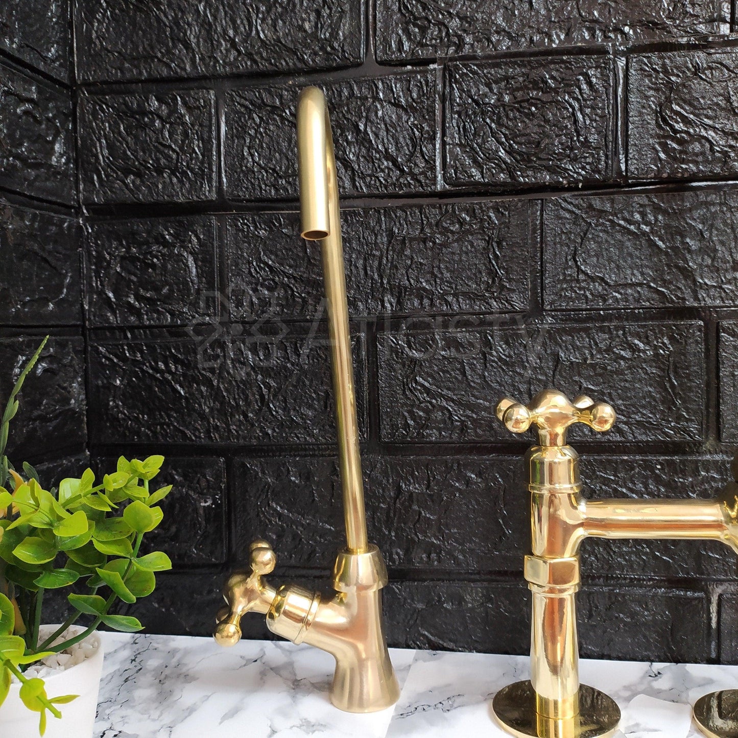 Unlacquered Brass Bridge Kitchen Faucet with Ball Center, 3 Straight Legs, And Cross Handles - 8" Spread - Ref: APC-94