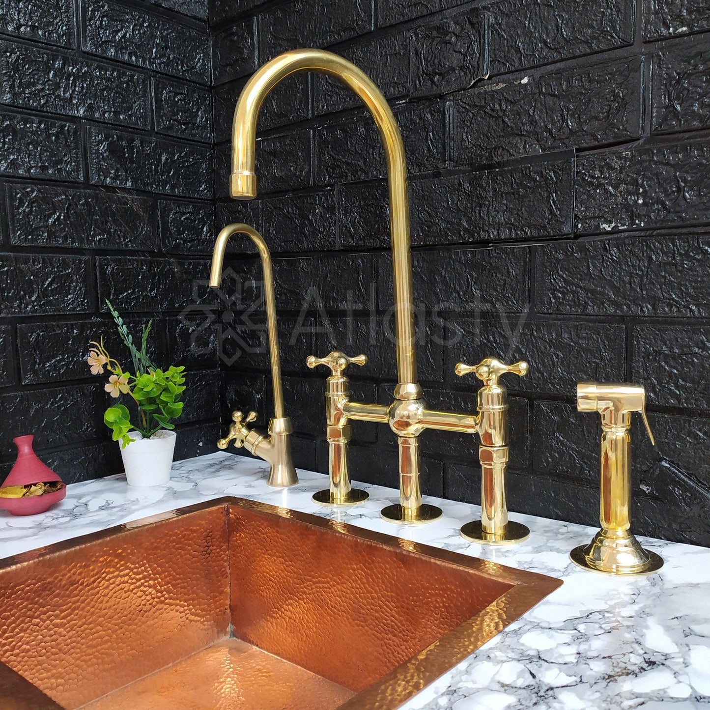 Unlacquered Brass Bridge Kitchen Faucet with Ball Center, 3 Straight Legs, And Cross Handles - 8" Spread - Ref: APC-94