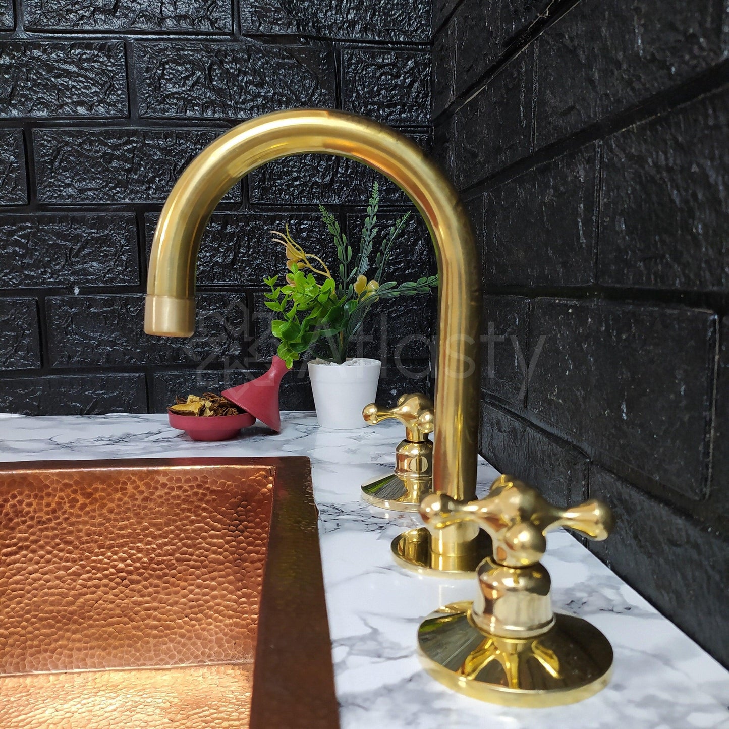 Unlacquered Brass 3 Holes Faucet, Deck Mounted Faucet With Cross Handles
