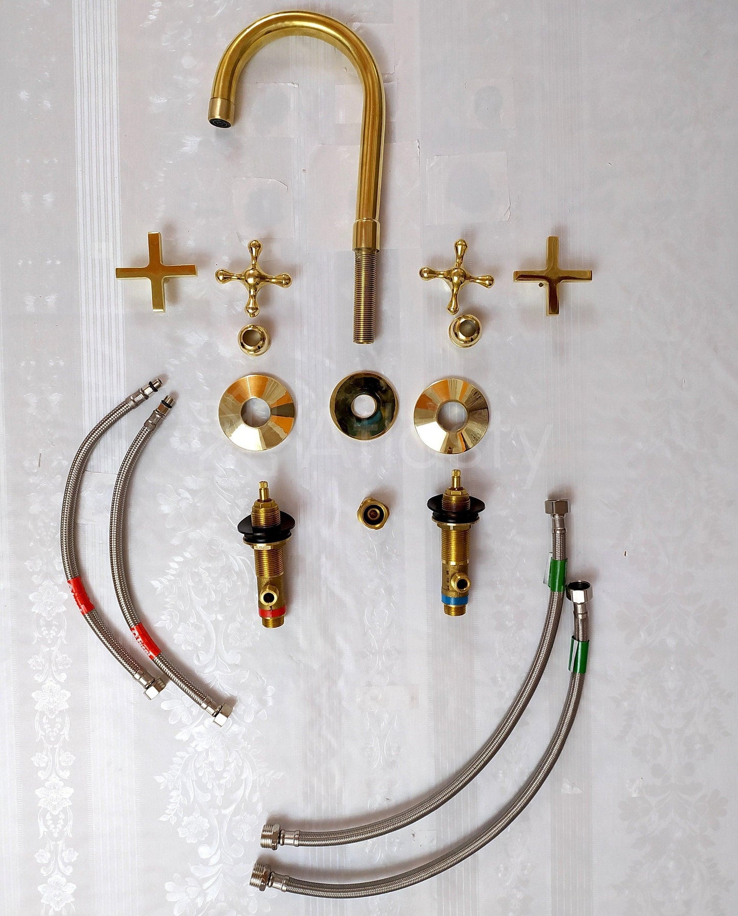 Unlacquered Brass 3 Holes Faucet, Deck Mounted Faucet With Cross Handles