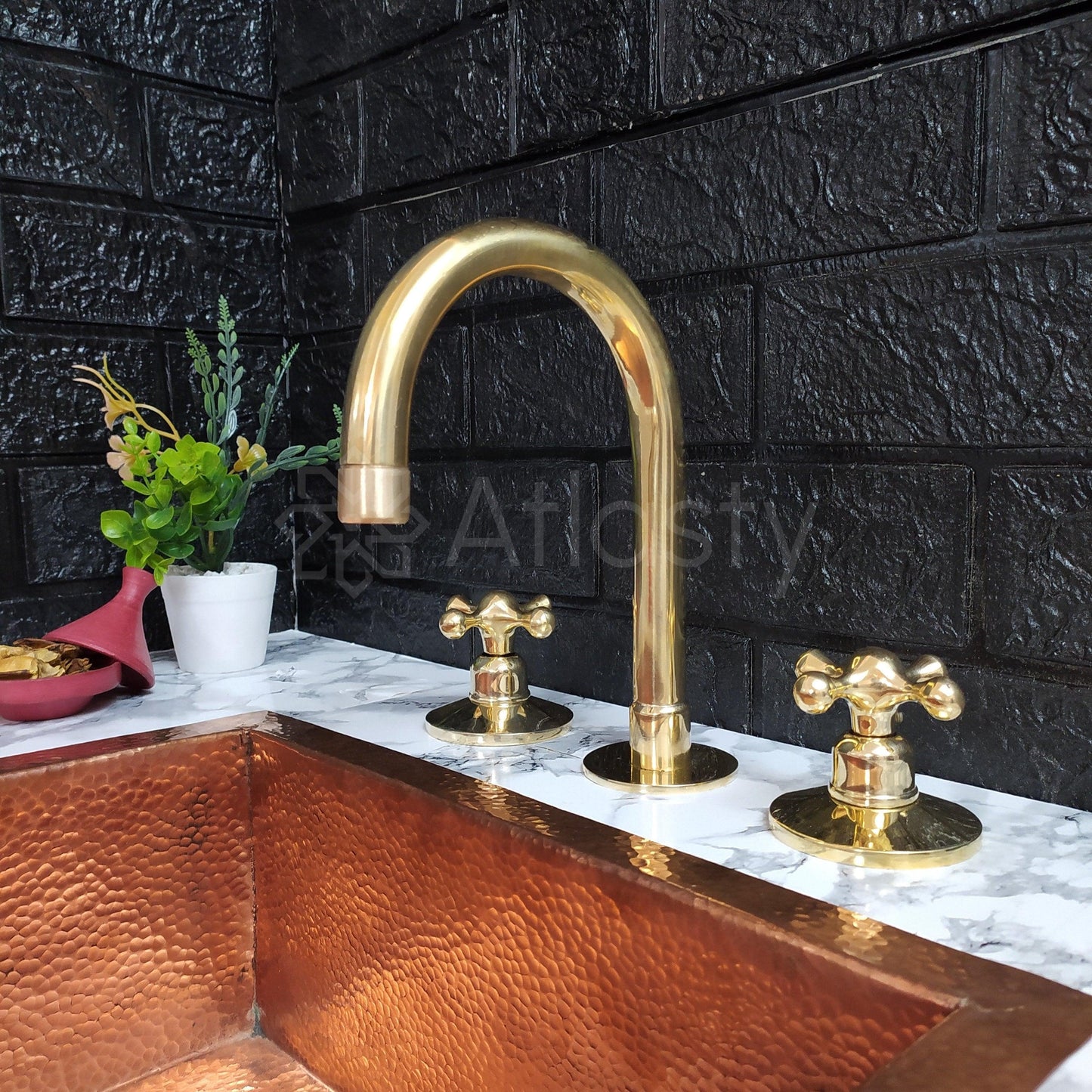 Unlacquered Brass 3 Holes Faucet, Deck Mounted Faucet With Cross Handles