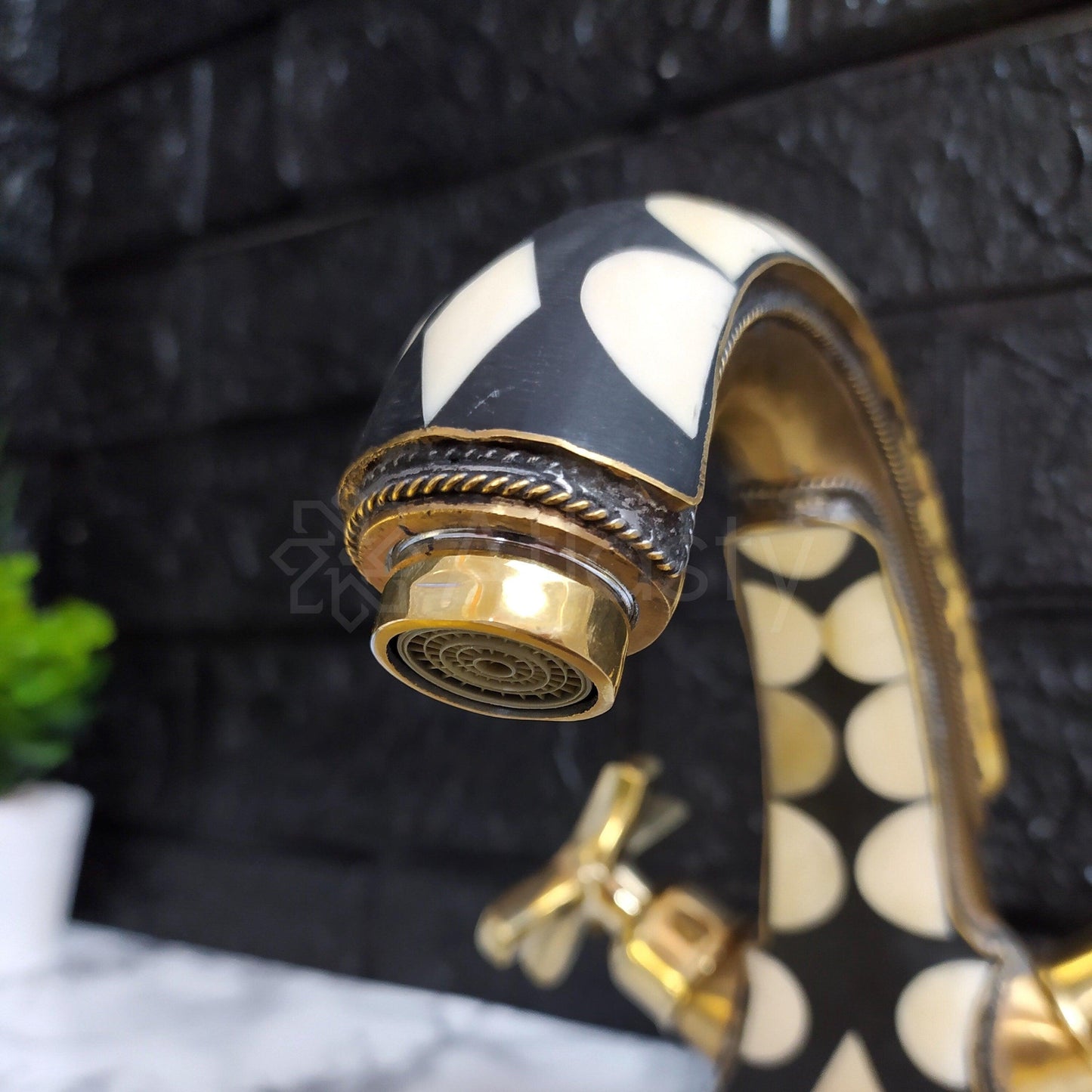 Unlacquered Brass and Resin Bathroom Faucet with Cross Handles