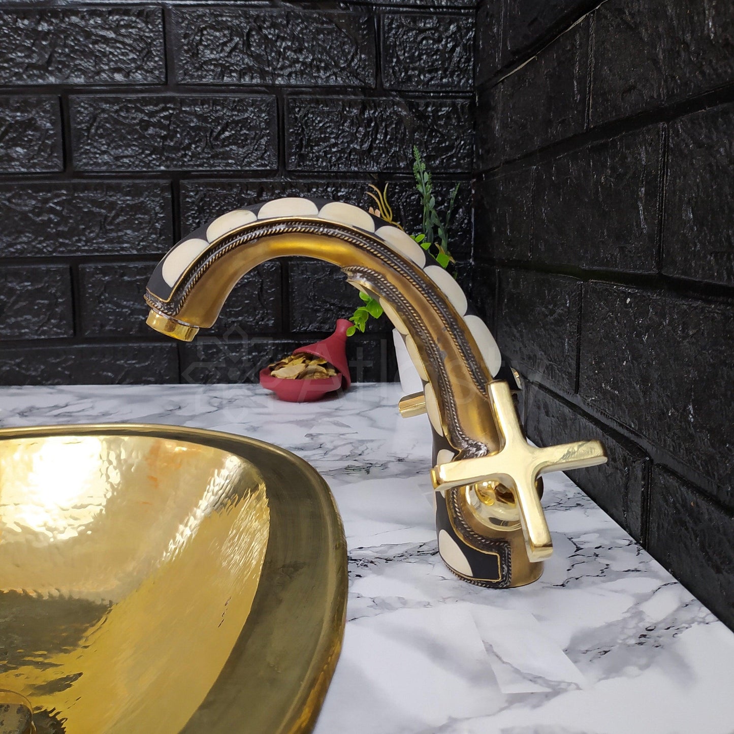 Unlacquered Brass and Resin Bathroom Faucet with Cross Handles