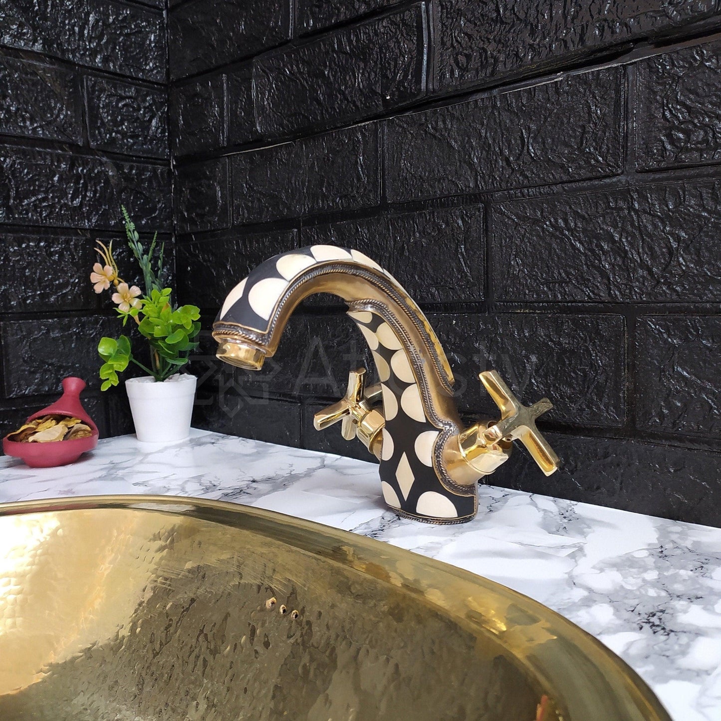 Unlacquered Brass and Resin Bathroom Faucet with Cross Handles