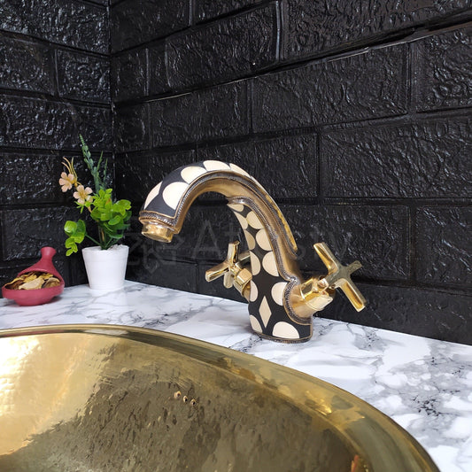 Unlacquered Brass and Resin Bathroom Faucet with Cross Handles