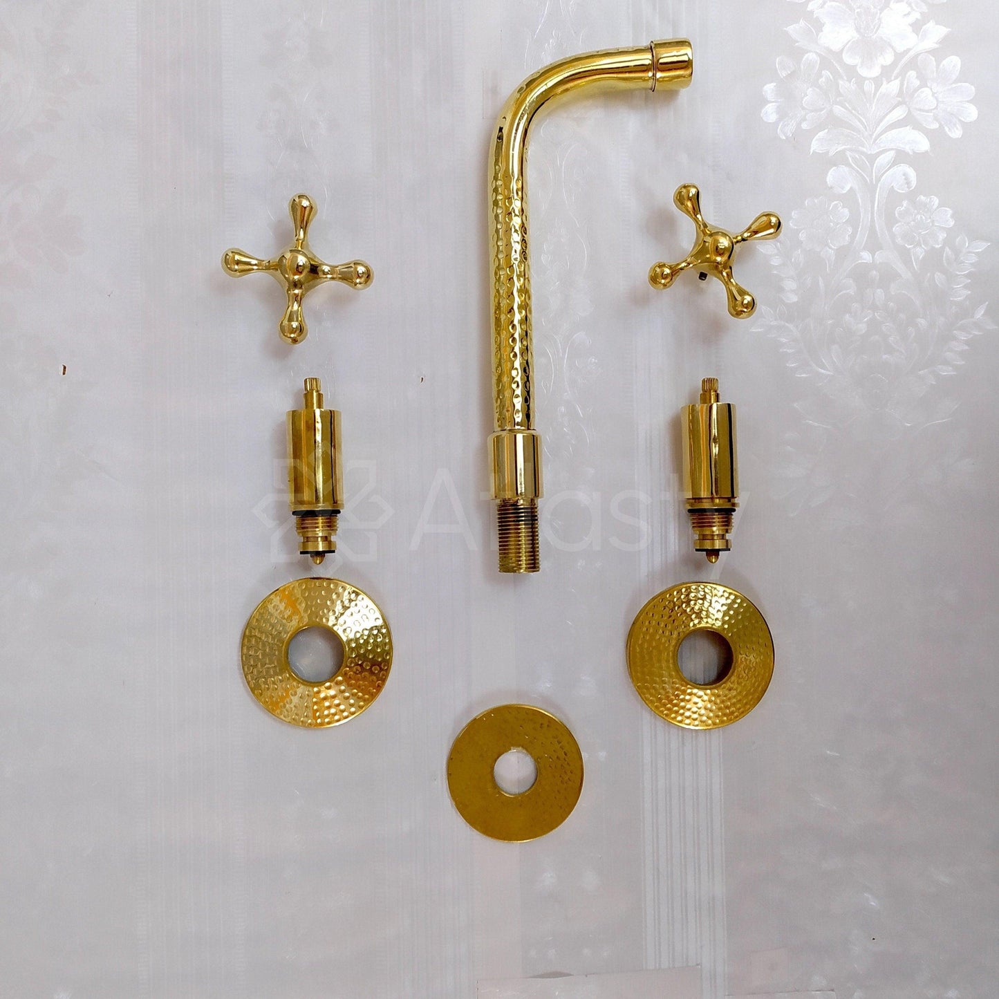 Unlacquered Brass Hammered Wall Mounted Bathroom Faucet - Vessel Sink Faucet with Cross or Lever Handles