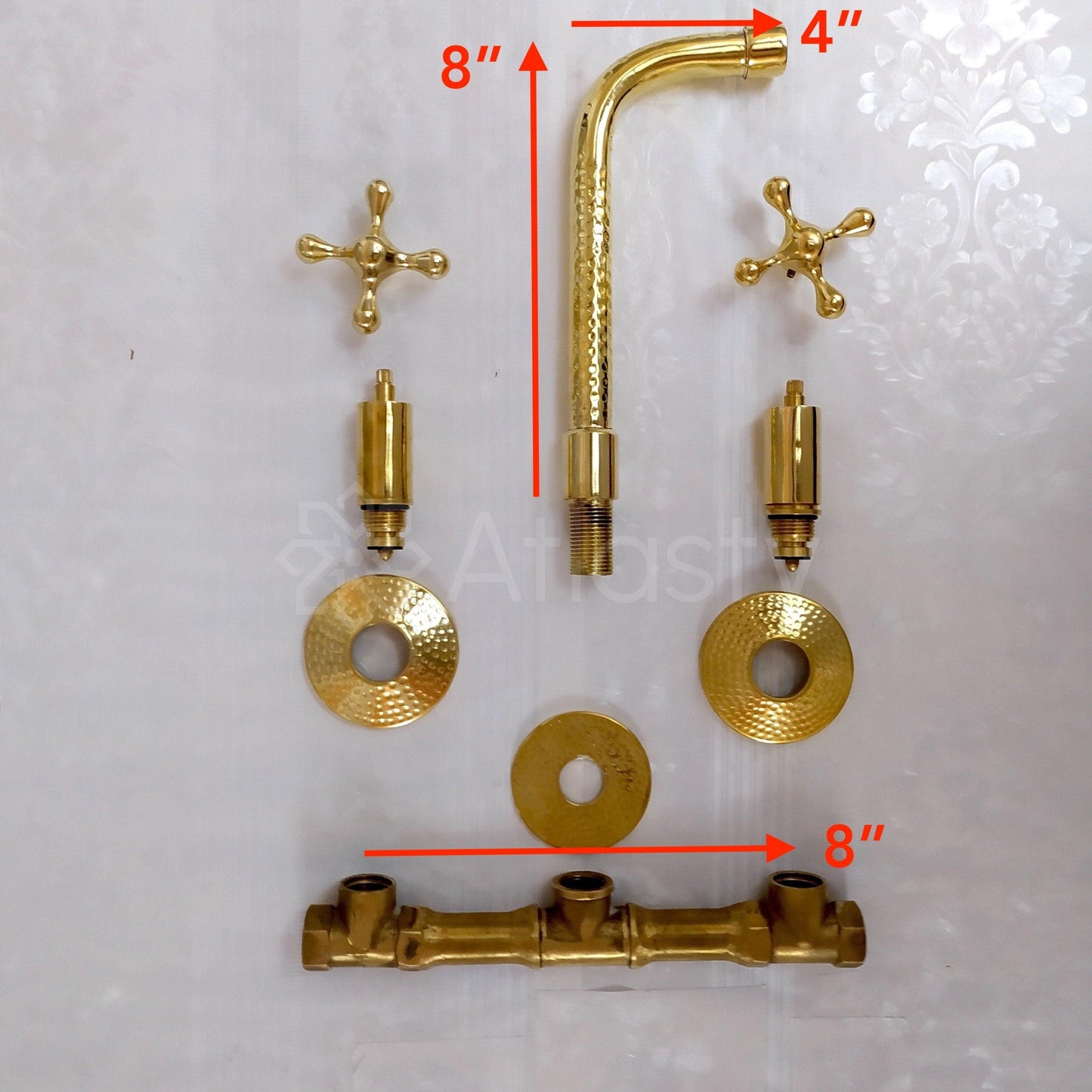 Unlacquered Brass Hammered Wall Mounted Bathroom Faucet - Vessel Sink Faucet with Cross or Lever Handles