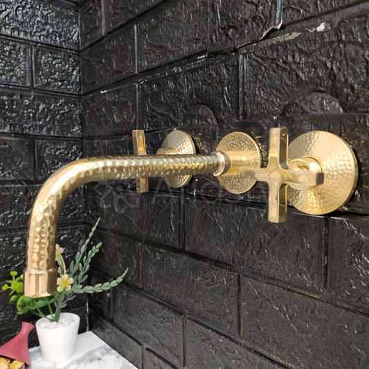 Unlacquered Brass Hammered Wall Mounted Bathroom Faucet - Vessel Sink Faucet with Cross or Lever Handles