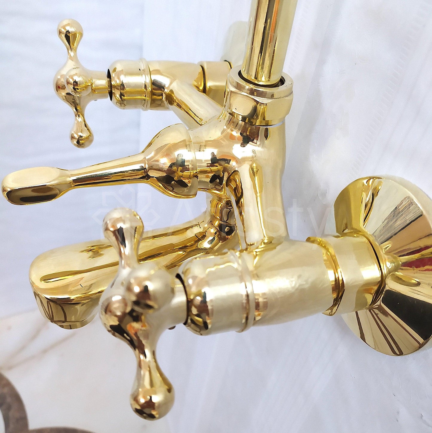 Antique Brass Shower System with Round Shower Head, Bath Faucet, and 3 Handles - Ref: ATLASS19