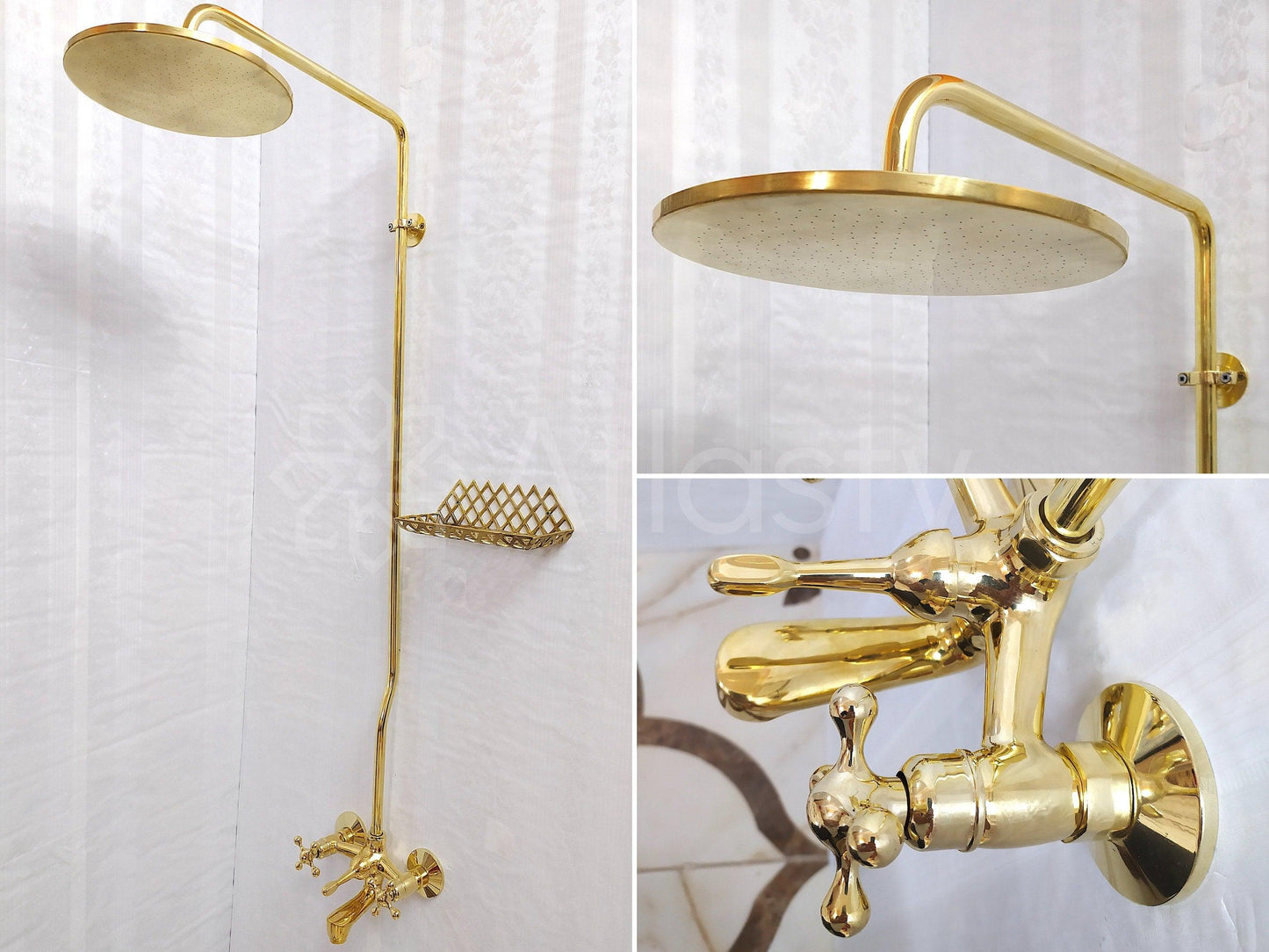 Antique Brass Shower System with Round Shower Head, Bath Faucet, and 3 Handles - Ref: ATLASS19