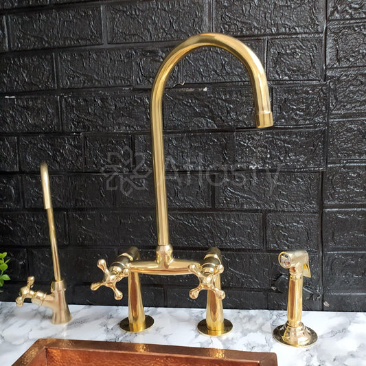Unlacquered Brass Bridge Kitchen Faucet with Sprayer, Cold Water Tap, and Cross Handles - Ref: APC-95