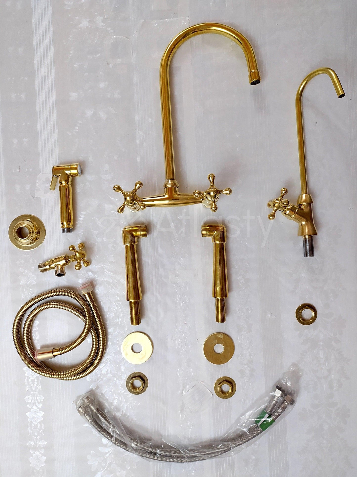 Unlacquered Brass Bridge Kitchen Faucet with Sprayer, Cold Water Tap, and Cross Handles - Ref: APC-95